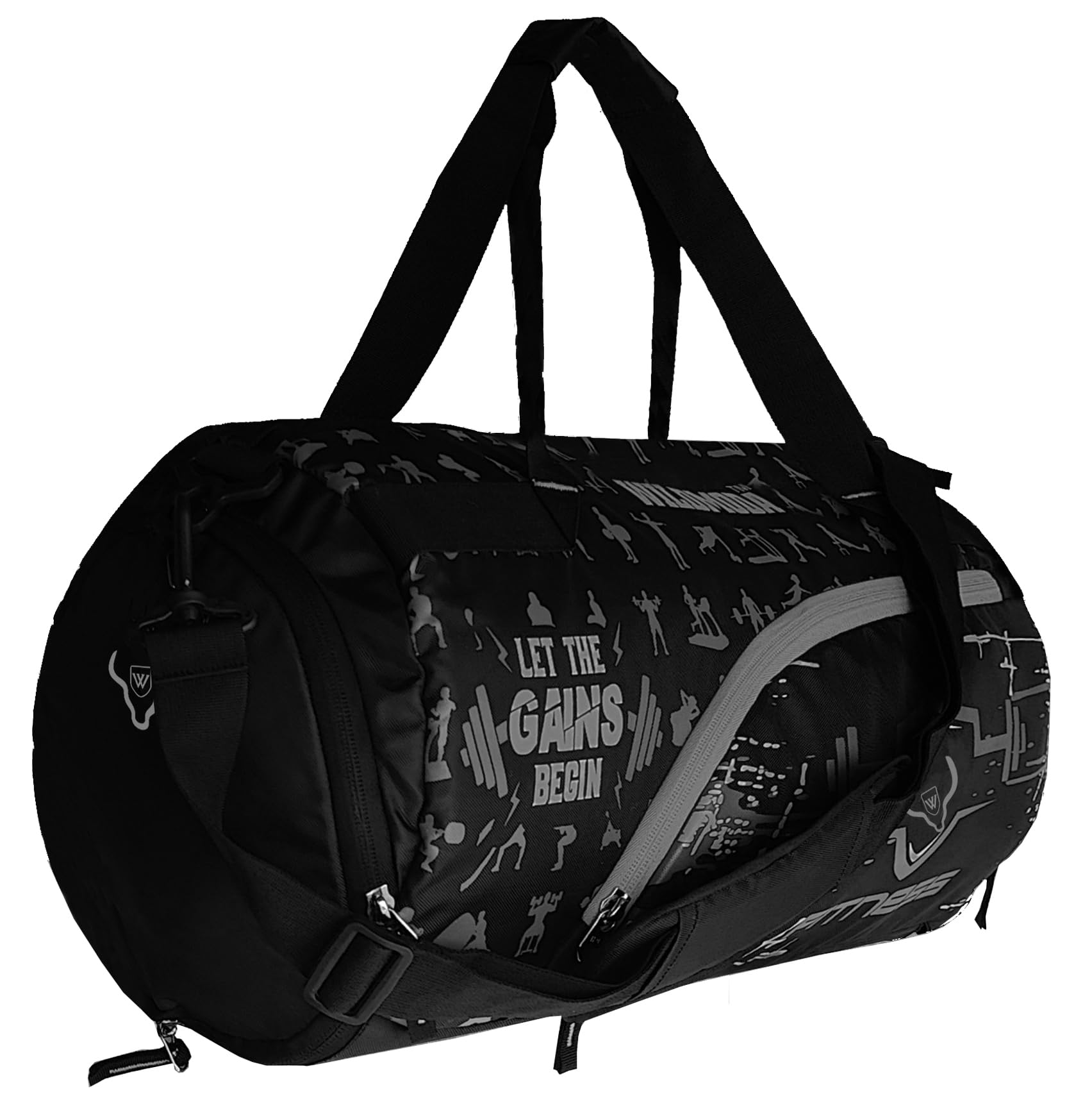 WILD MODA 40L Fitfusion: Polyester Gym Bag (Black & Grey)-image-9