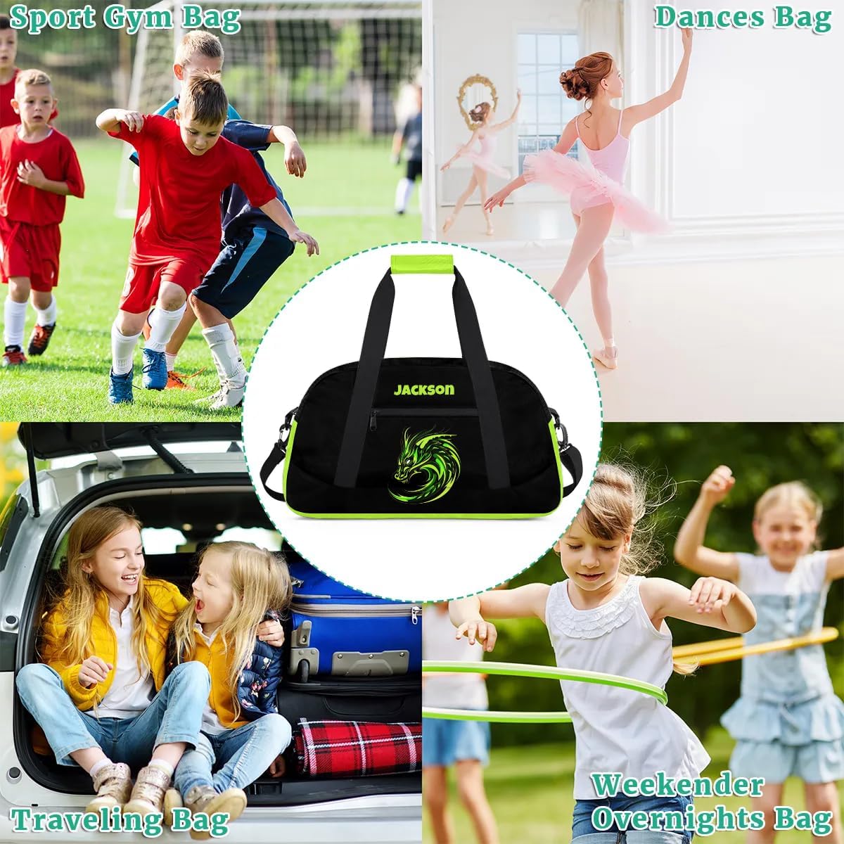 Personalized Gym Bag for Kids Boys, Dragon Green Totems Custom Small Duffel Bag with Padded Handles Carry On Weekend Travel Bag for School Practice Ball Games