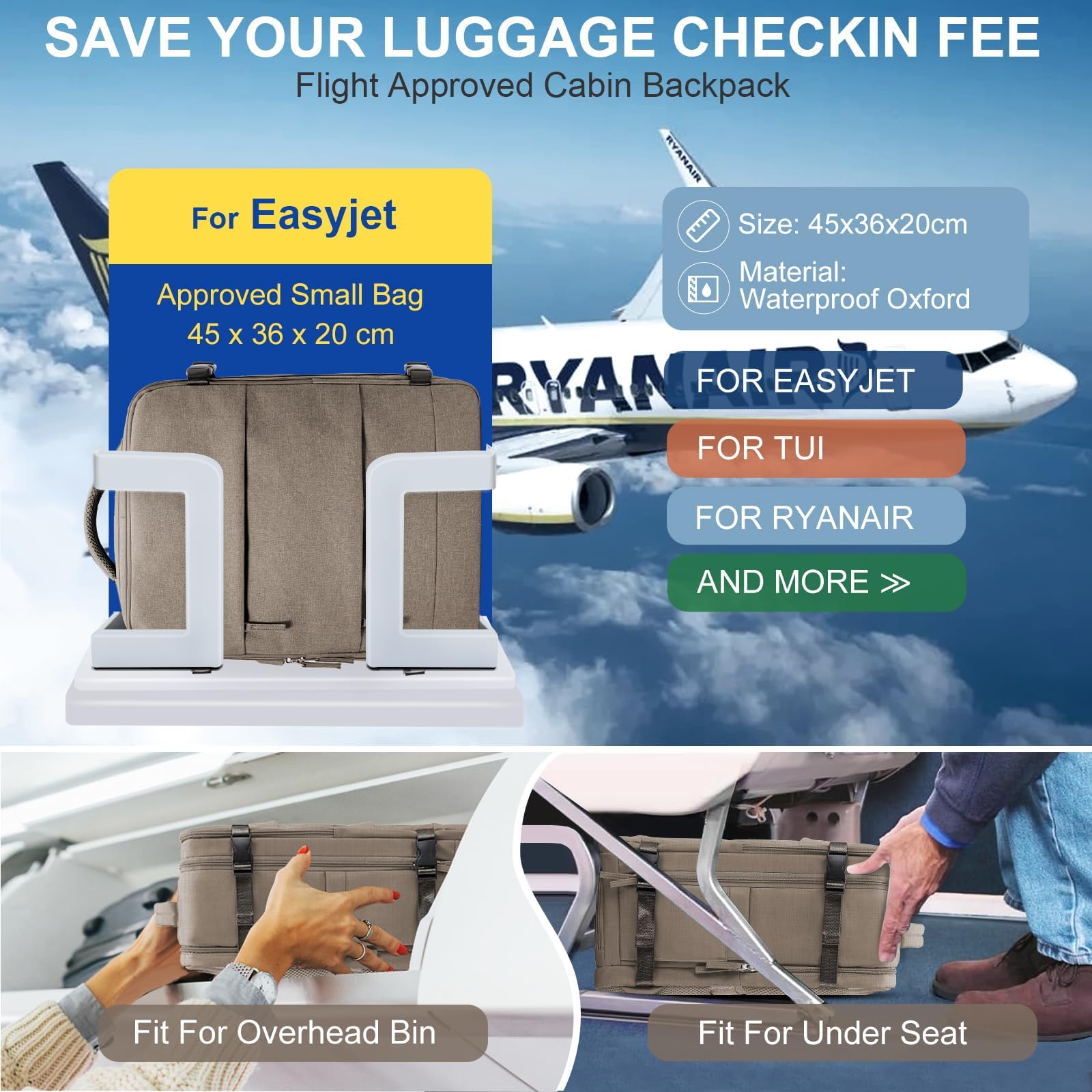 SZLX Zaino Ryanair 40x20x25 Donna Zaino da Viaggio Sottovuoto con pompa Bagaglio a Mano Sottovuoto Viaggio Uomo Borse da Cabina 45x36x20 Easyjet con scomparto per scarpe per Laptop da 14 Pollici