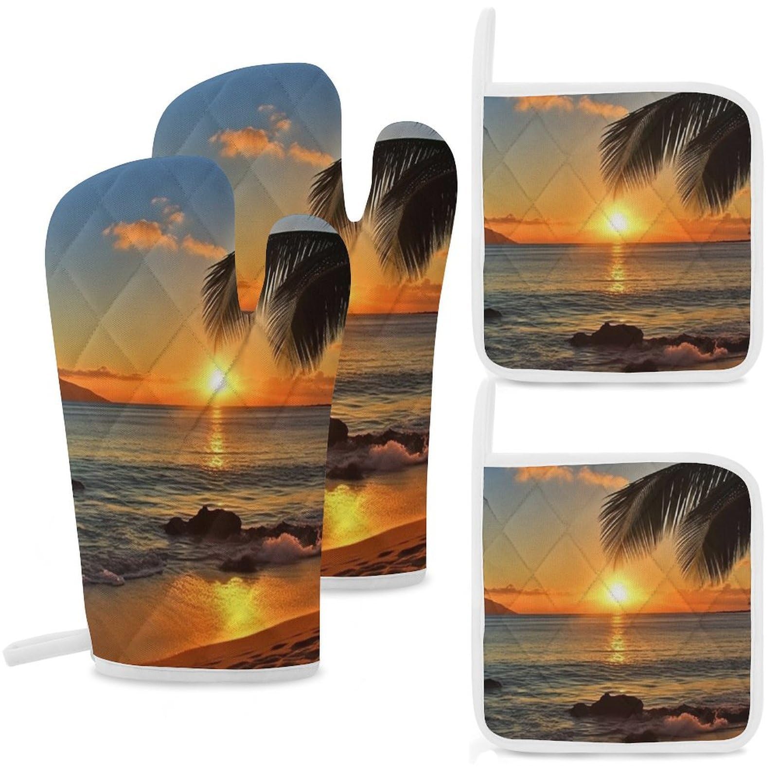 Oven Mitts and Pot Holders Set of 4 Heat Resistant Non-Slip Kitchen Gloves Hot Pads Sunrise at Hawaii Mittens Gloves Non-Slip Potholders for Cooking Baking Grilling BBQ