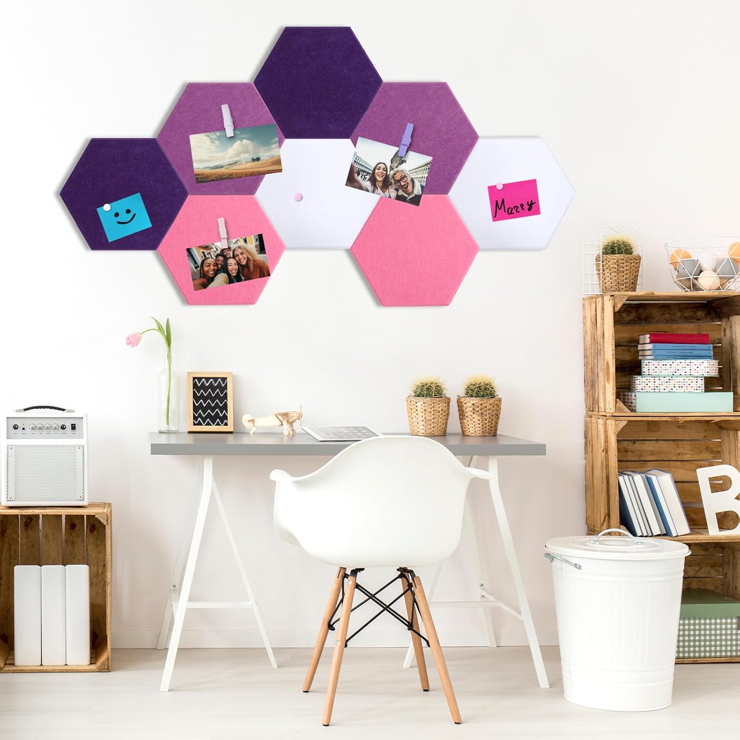 Mooliwe 8 Pcs 12" Large Hexagon Felt Cork Bulletin Board Tiles Self Adhesive DIY Pin Board with 50 Push Pins and 10 Colored Clips, Wall Decor for Office Home Kitchen Photos Memos(Pink)