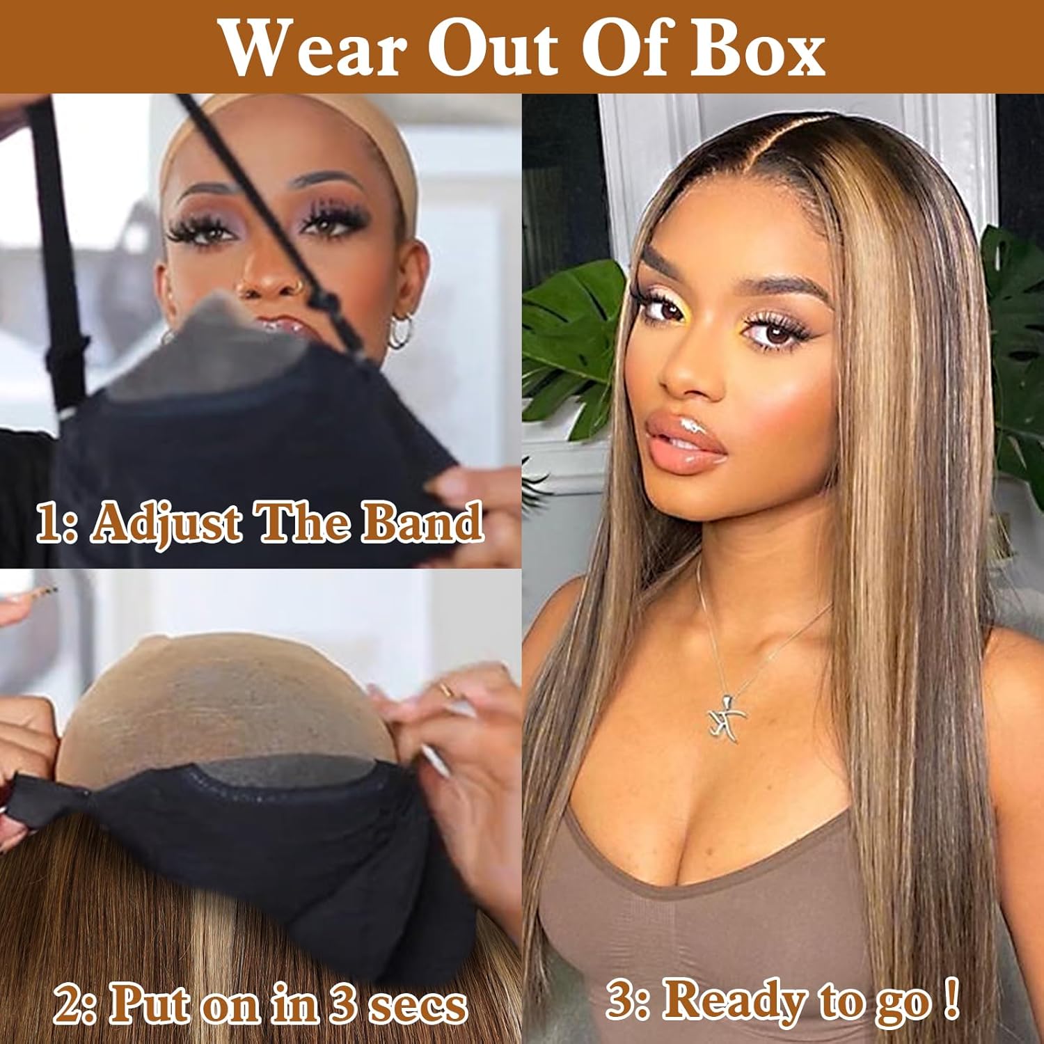 Glueless Wig Wear and Go Highlight Ombre Straight Human Hair Pre Plucked Pre Cut For Beginners 6x4 HD Transparent 4/27 Lace Frontal Wigs 180% Density Colored Human Hair Wigs for Black Women 26 inch