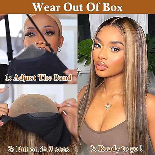 Miniatura 2 de Peluca de cabello humano lacio sin pegamento, con reflejos degradados, precortada para principiantes, 6x4, HD, transparente, 427, encaje frontal,