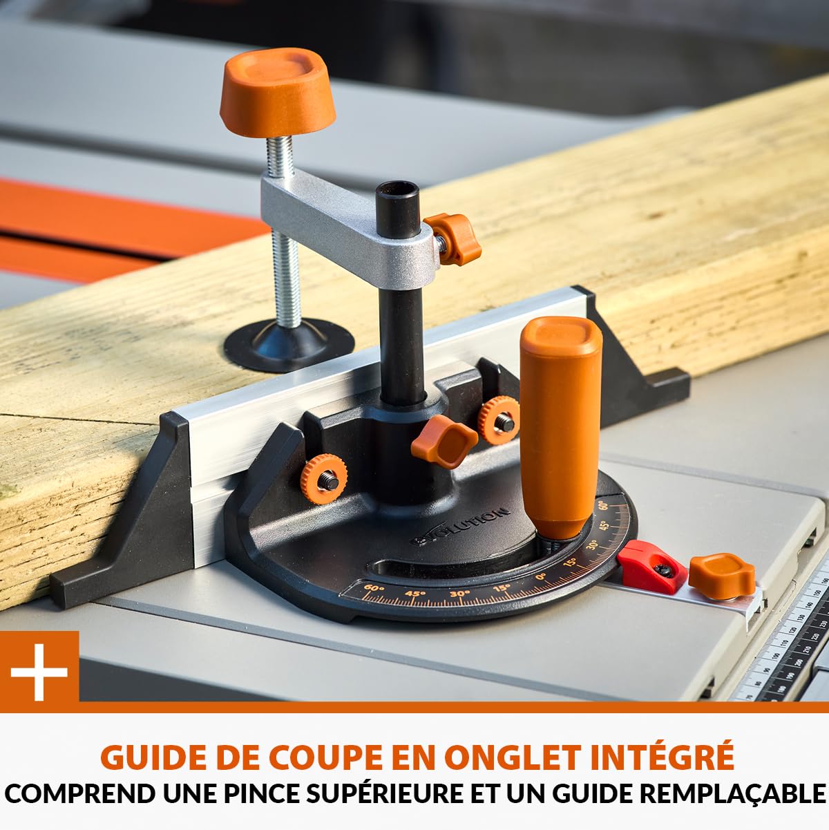 Evolution Power Tools R255TBL+ Scie De Table Rage 5-S Lame Multi-Matériaux 1800W Coupe Bois Métal Plastique Chanfrein 45° Onglet +/-60°