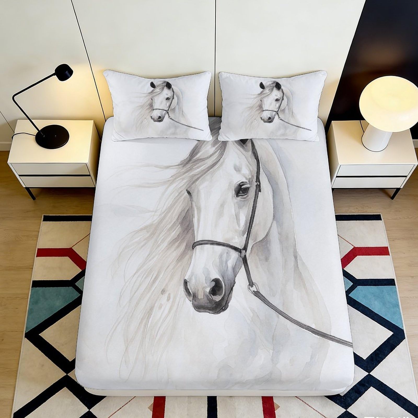 3D Printed White Horse Fitted Sheet Microfiber Soft Breathable Watercolor Animal Mattress Cover for Bedroom Dorm Decor 160x200x25cm