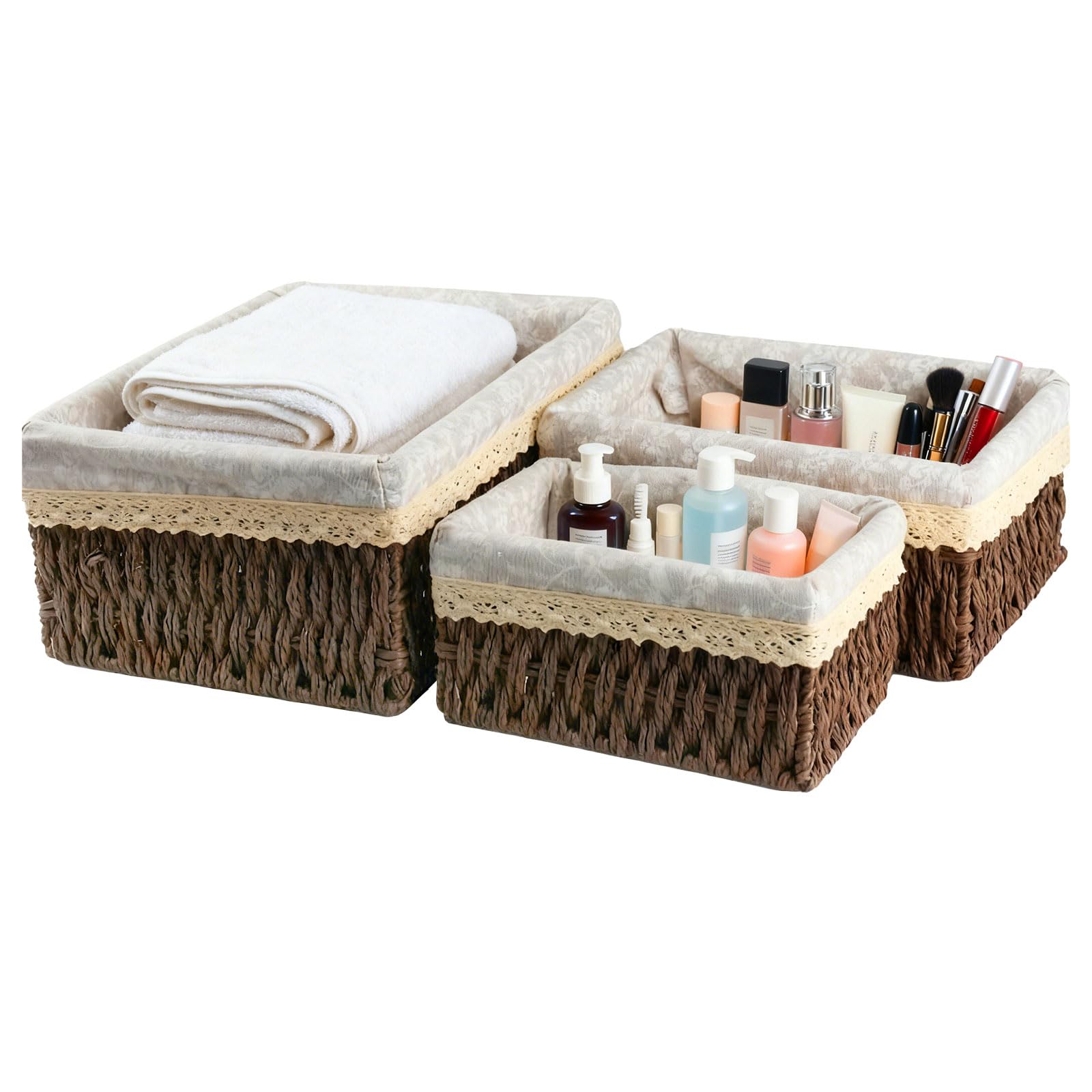 wocpvm 3 Pcs Paper Rope Storage Baskets,Small Baskets for Storage Woven Organisers for Bathroom, Shelves,Cosmetics, Makeup & Toys | Small Table Organiser & Changing Basket(Brown)
