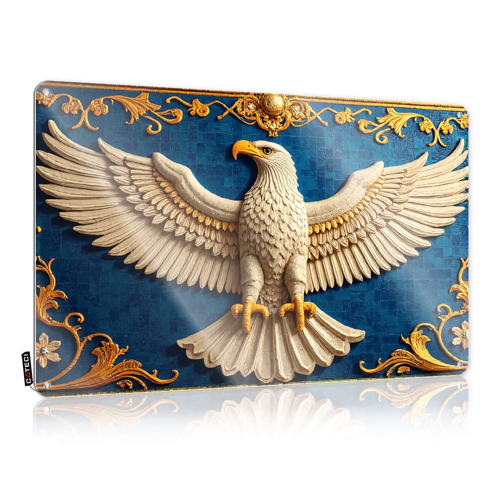 Tinplate Sign With College Decor Folded Edge - Warning Porch Wall-mounted House Wall | Western Bathroom For Women & Golden Eagle Outstretched Wings On Blue Background