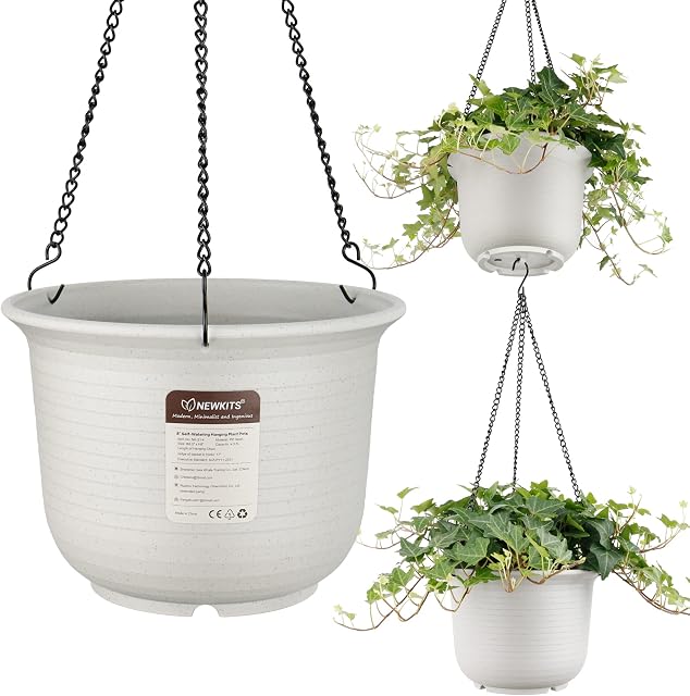 NEWKITS set of 3 - Self Watering Planter, 8.5 inches Diameter Round Plastic Hanging Plant Pots, with Chains And Drainage Holes, Suitable for all Indoor and Outdoor Plants, Flowers and Herbs.