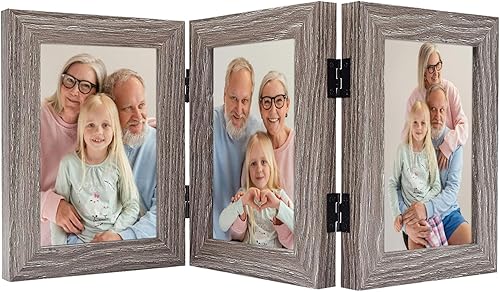 Frametory, Marcos de fotos triples de 4 x 6 con bisagras para collage de 3 fotos, tres marcos de fotos, marco de escritorio múltiple con vidrio