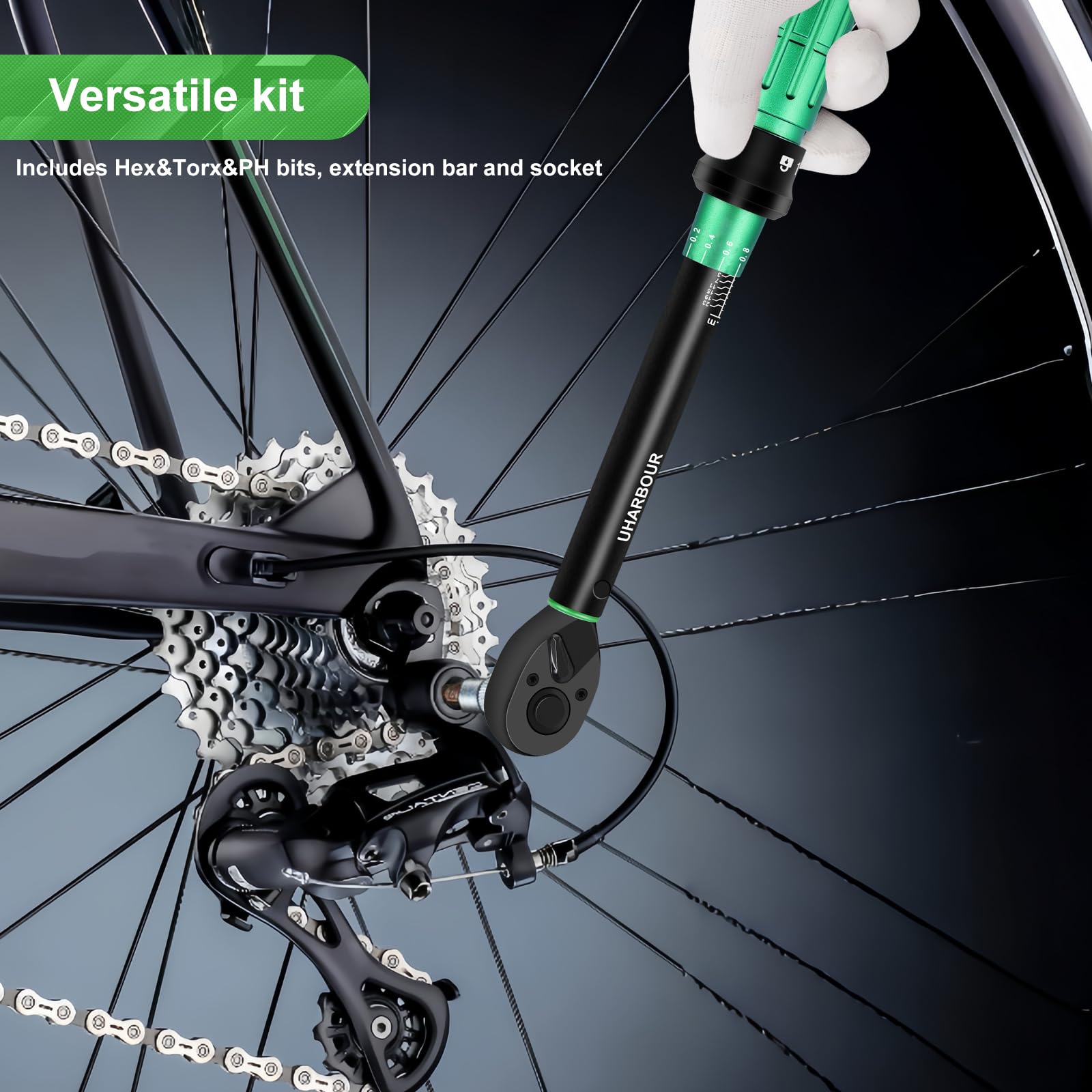 Uharbour Fahrrad-Drehmomentschlüssel, 60-teilig, 3 bis 25 Nm, 1/4 mit Bits und Verlängerungsstange für Fahrräder, Fehlergenauigkeit ± 3 %, klein