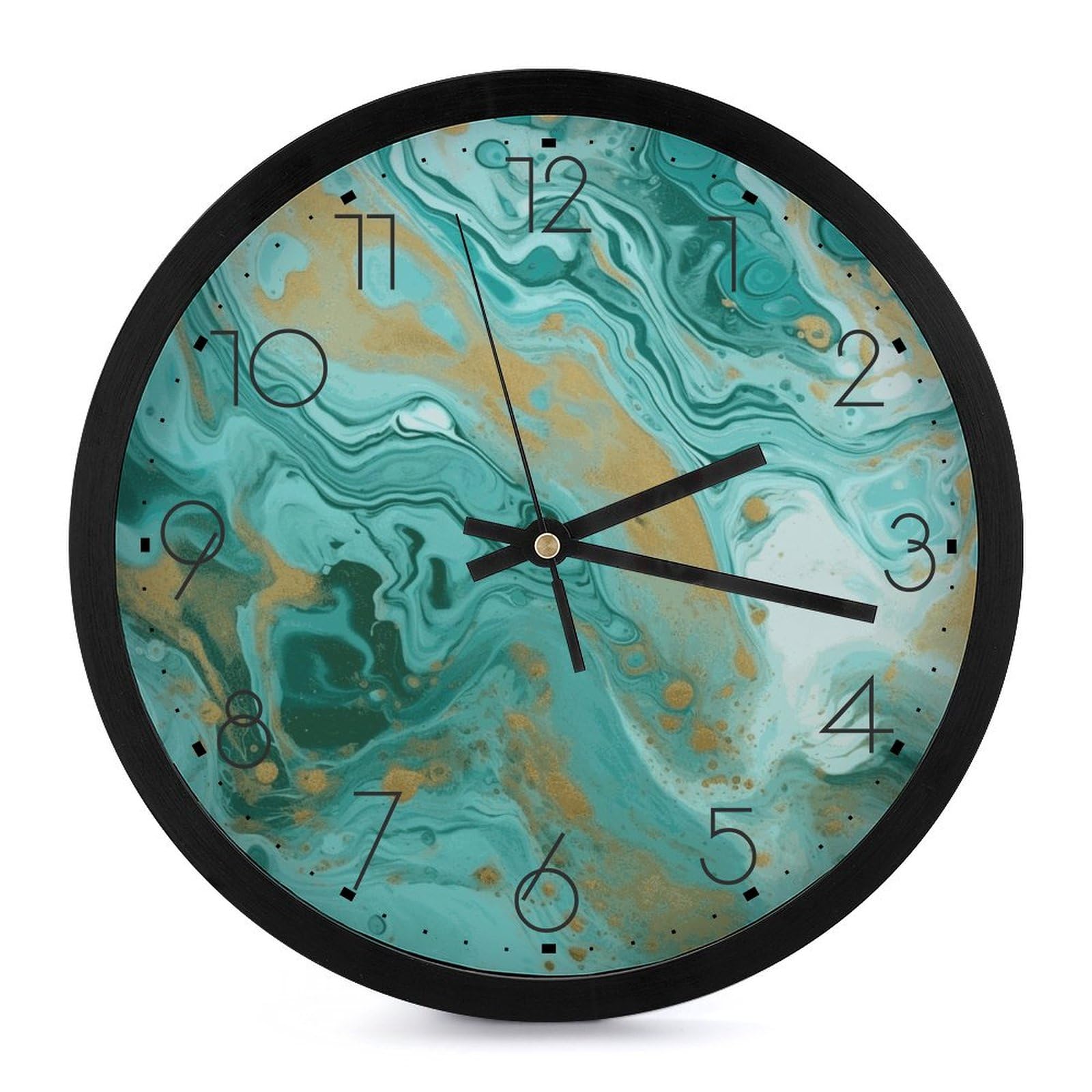 Horloge murale ronde 25cm déco marbre bleu canard dorée pour maison