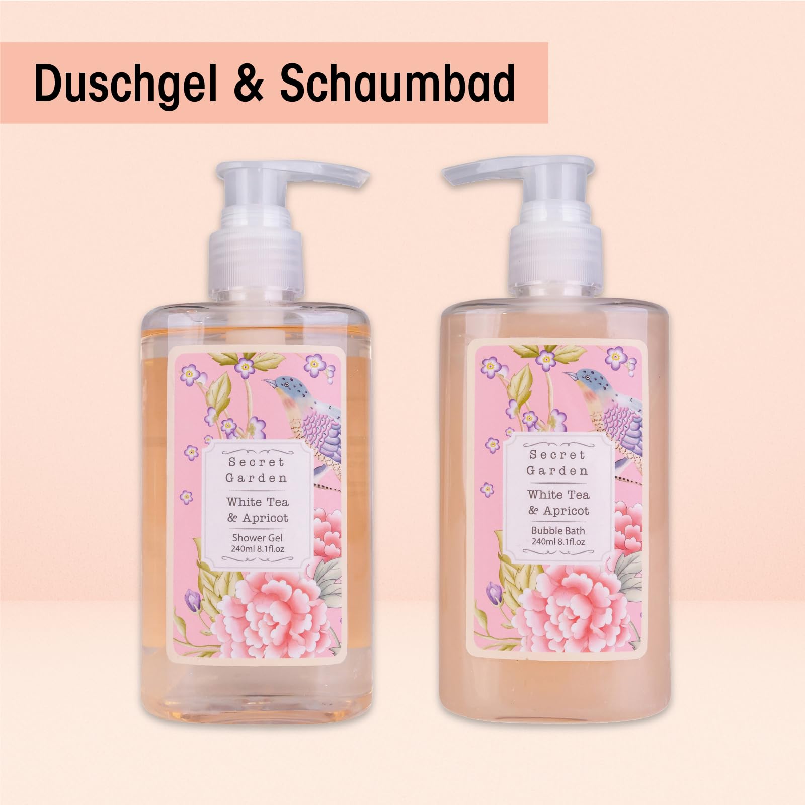 Accentra Geschenkset SECRET GARDEN, 10-teiliges Geschenkset für Frauen mit Duschgel, Schaumbad, Lotion, Peeling, Handcreme, Badesalz, Rosenkonfetti und Badebombe in einer Holzbox, White Tea Apricot