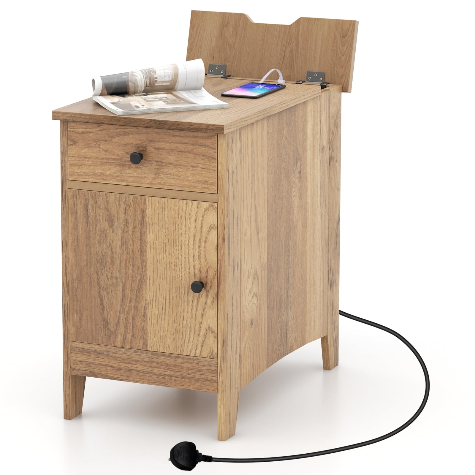 COSTWAY Slim Side Table with Charging Station, Narrow Bedside Table Nightstand with Drawer, Storage Cabinet and Magazine Rack, Flip Top Sofa End Table for Small Space, Living Room, Bedroom (Natural)