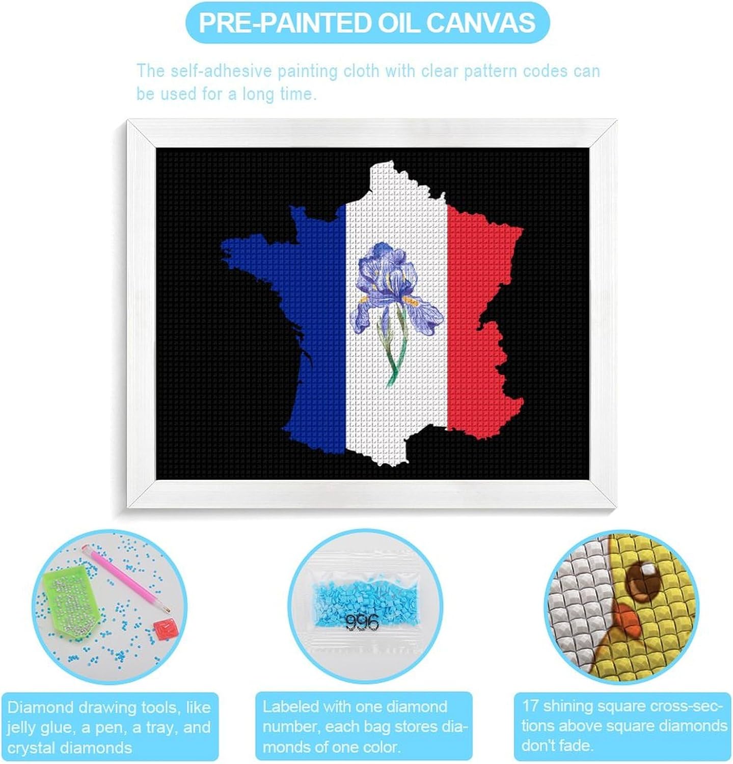 French Map Iris Odorifera French Flag Printed Diamond 5D Painting Kits DIY Full Drill Crafts for Home Wall Decor 16x20 Inch White Wood 50 * 40cm