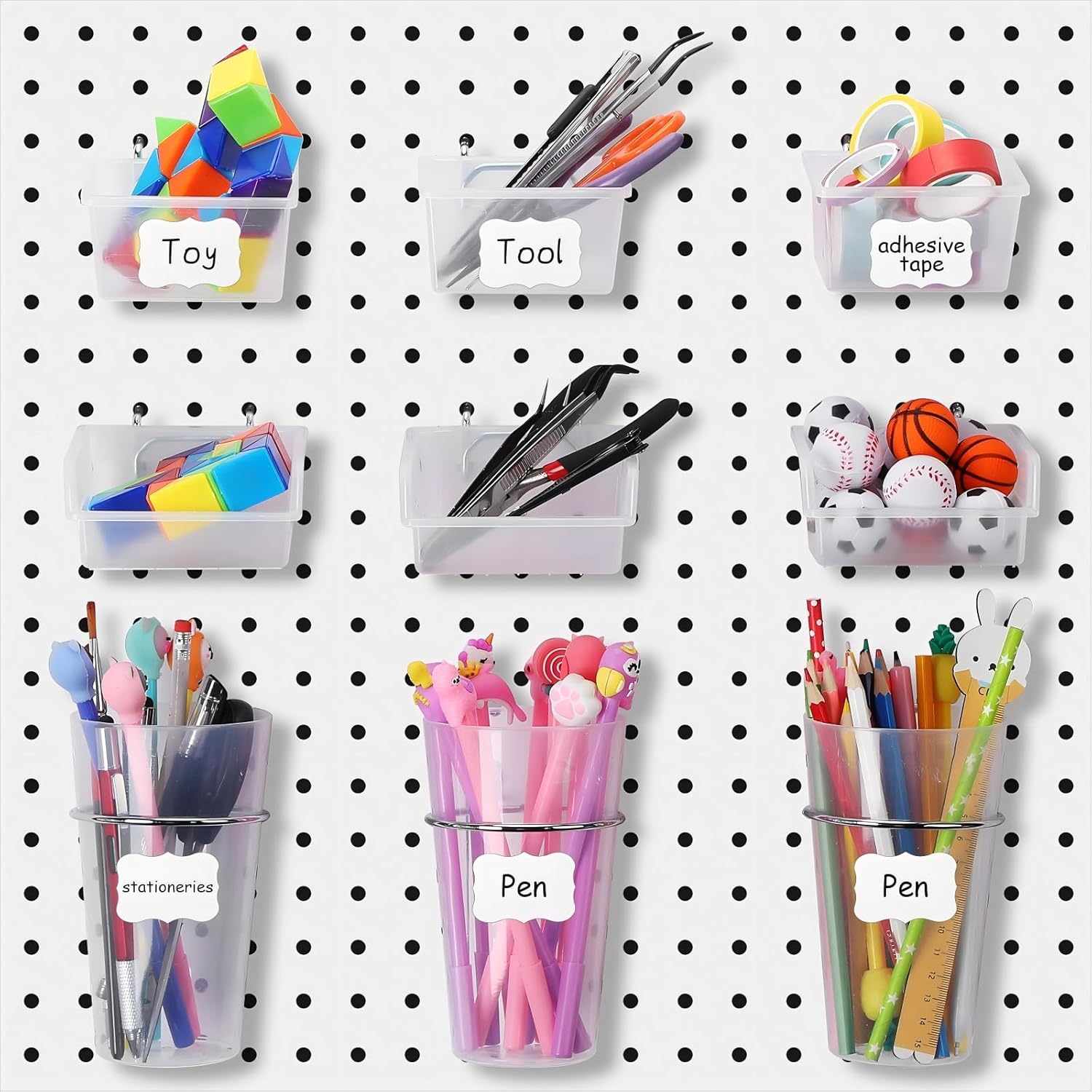 95-Piece Pegboard Accessories Set with Hooks, Cups, Wire Shelf, Tissue Box, Clothes Board for Garage, Workshop (Clear)