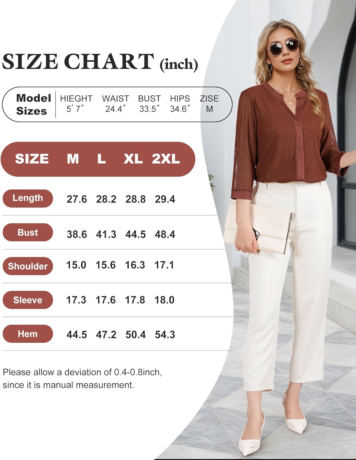 Bebonnie Women's 3/4 Sleeve Casual Notch V Neck Blouses Double Layers Mesh Tunic Tops - Image 6