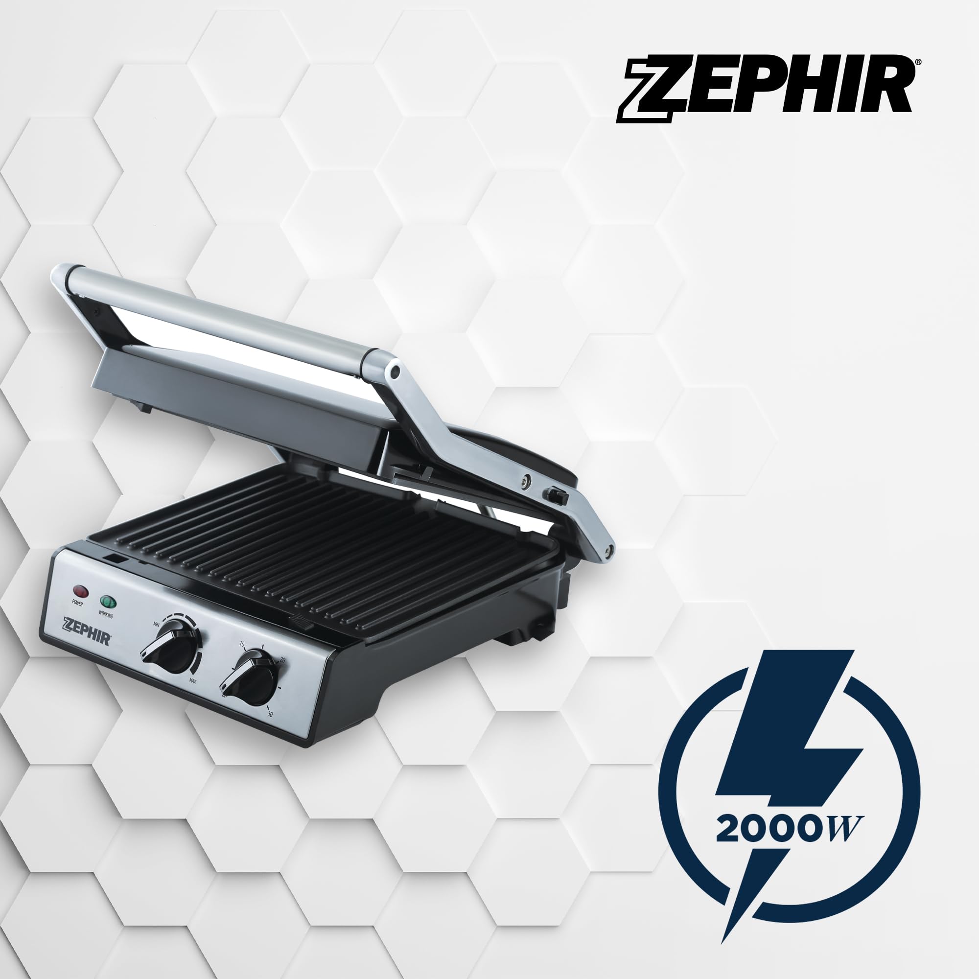 Zephir Bistecchiera Elettrica 2000W con Timer 30 Minuti, Piastre Antiaderenti Amovibili, Apertura 180°, Piastra Regolabile in Altezza, Raccolta Grassi