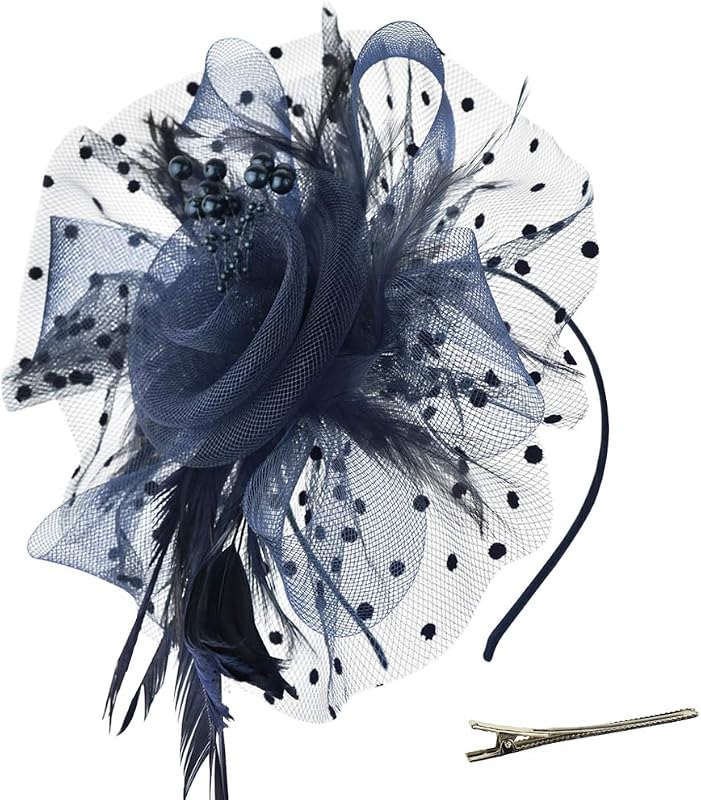 DRESHOW Tocados Sombrero Flor Cintas de Malla Plumas en una Diadema y un Clip Sombreros de Fiesta de té para niñas y Mujeres