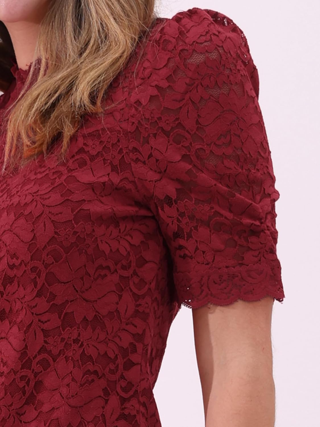 Allegra K Lace Tops for Women Mock Neck Puff Short Sleeve Elegant Floral Blouses Dressy Casual Shirts - Image 5