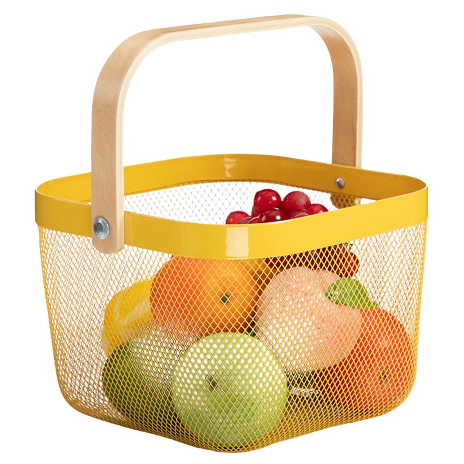 Cesta organizadora de acero de malla metálica con mango de madera para cocina y baño