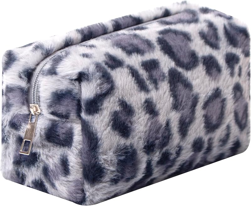 Necessaire de maquiagem felpuda com zíper OZAOZ, estampa Leopard print-D, 20,32 x 1,52 x 10,16 cm