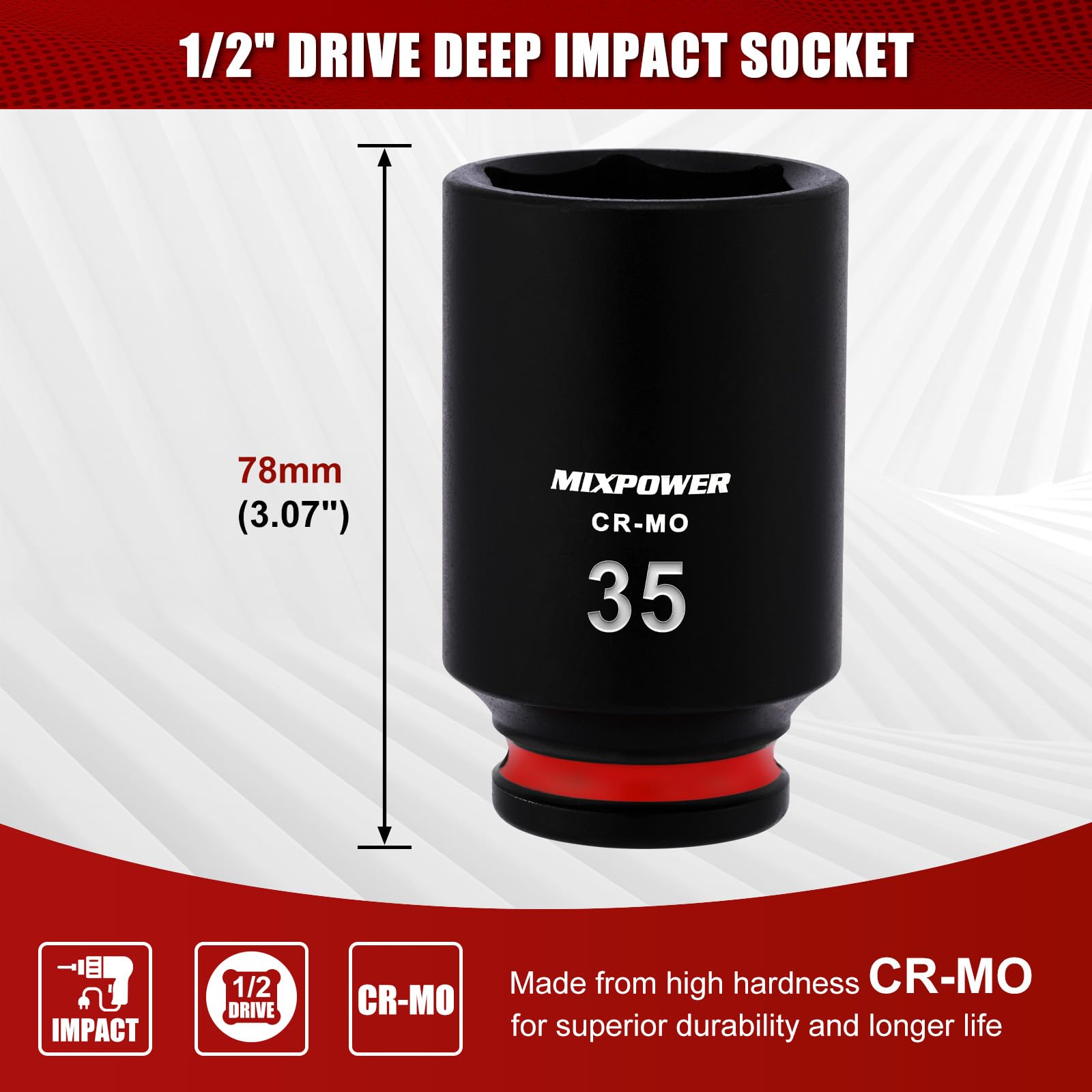 MIXPOWER 1/2" Drive Deep Impact Socket, CR-MO, 35mm, Metric, 6 Point, Axle Nut Impact Grade Socket for Easy Removal - Image 3