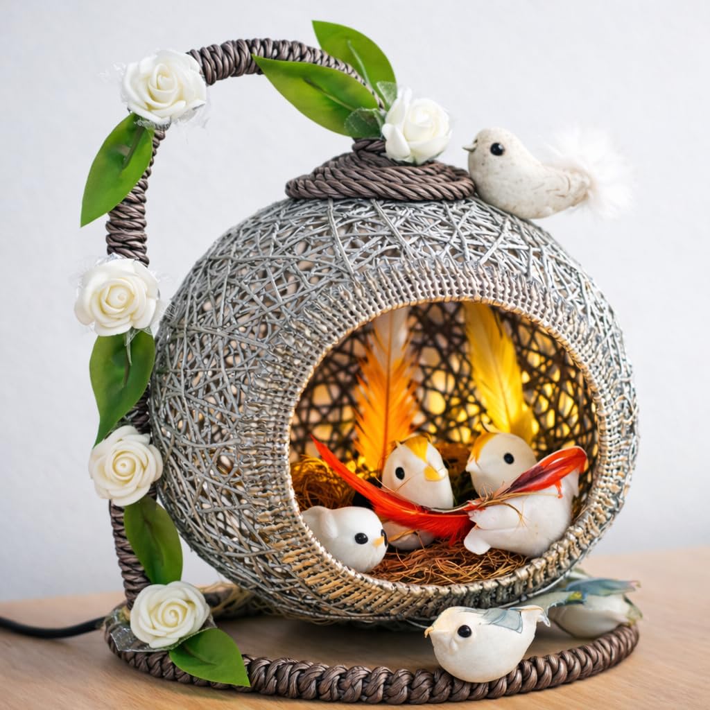 Handmade Jute Rope Table Lamp for Home Décor | Boho Rustic Bedside Night Lamp with Globe Cage Shade and Sparrow | Warm Ambient Lighting for Bedroom, Living Room & Gifting – Decorative Light-image-16