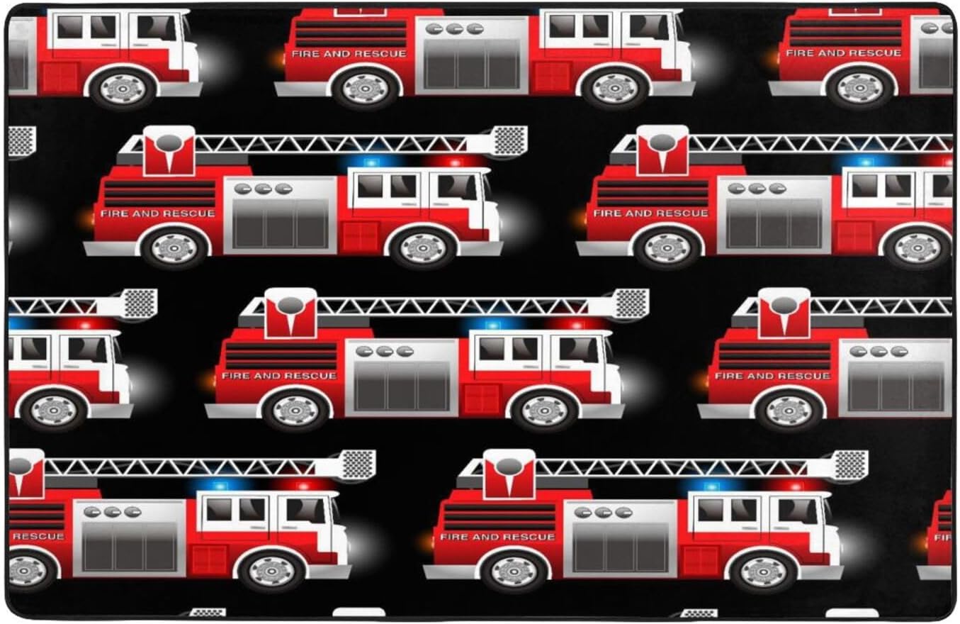Washable Area Rugs Cover,3D Red Fire and Rescue Truck Soft Large Floor Carpets Mats Non-Skid Rug for Boys Girls Room Living Room Bedroom Home Decor 4x6 Ft