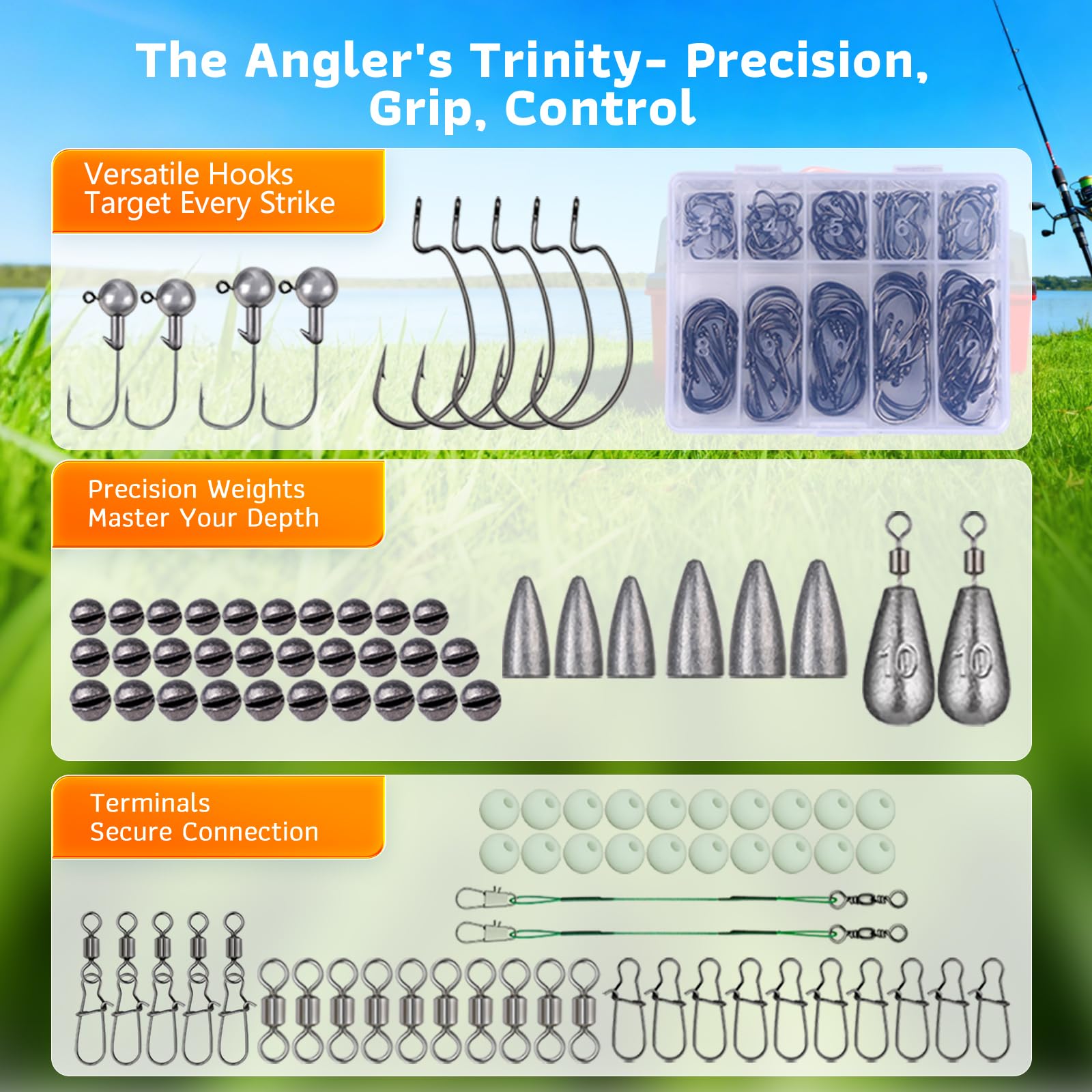 Lot de 314 accessoires de pêche avec boîte à appâts, kit d'appâts de pêche et kit d'outils avec clips à lèvres, extracteur d'hameçon, cuillère, cuillère, spinner, jigs, équipement de pêche pour - 3