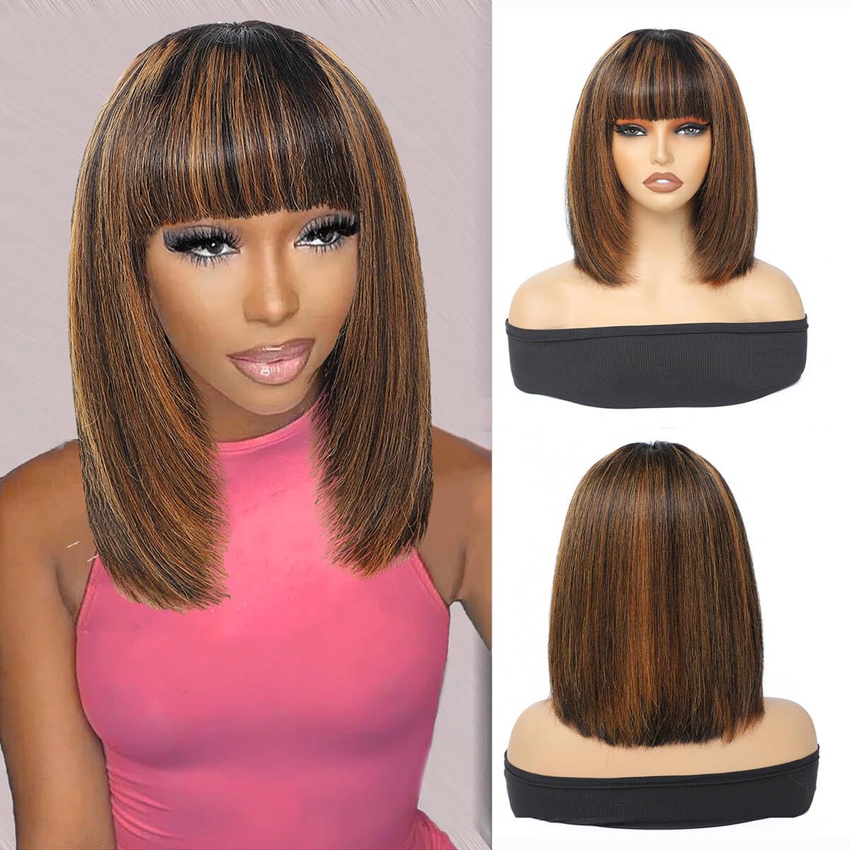 Short and simple human hair wig with bangs Pixie Cut wigs Human Hair Wig None Lace Wig with Bangs  main image 3