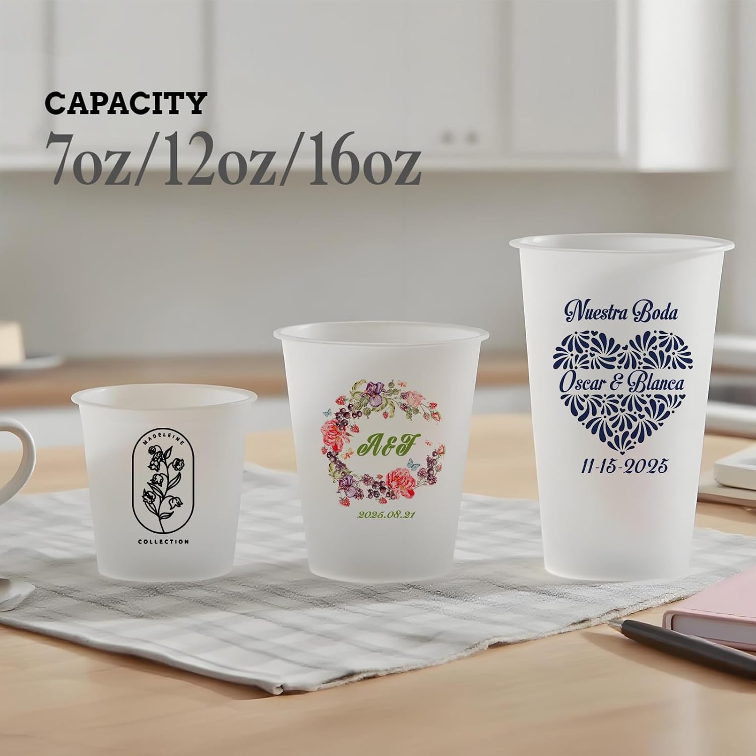 100 Customized Frosted Wedding Cups, Disposable Cups Ranging From 7 Ounces To 16 Ounces, Elegant Letter Design Combinations, Company Events | Engraved Names/Dates/Company Logos (white,7oz)
