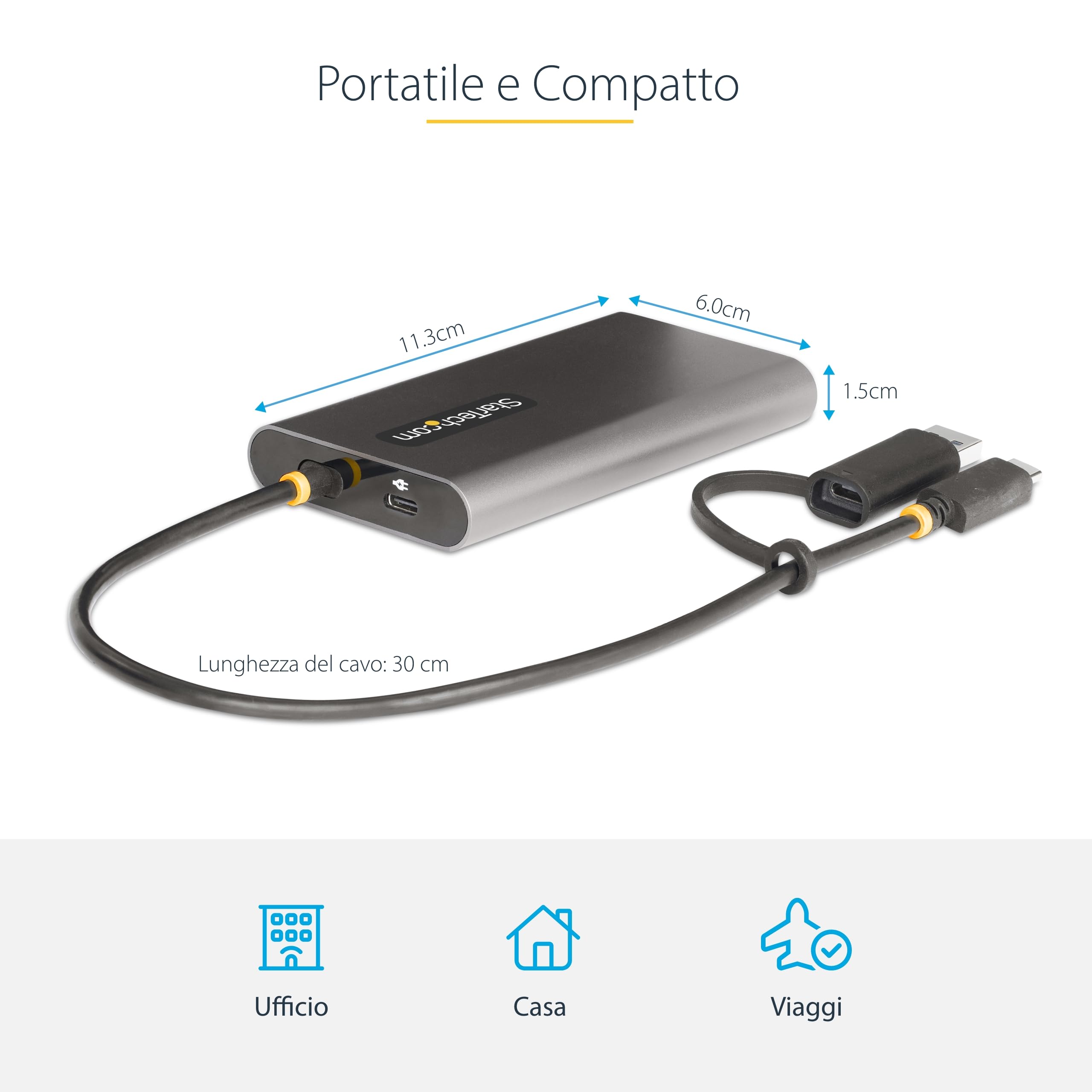 StarTech Adattatore USB-C e USB-A a 2x HDMI 4K 60Hz, 100W PD, DisplayLink | Compatibile con Windows e Mac, Alimentazione Pass-Through per Laptop
