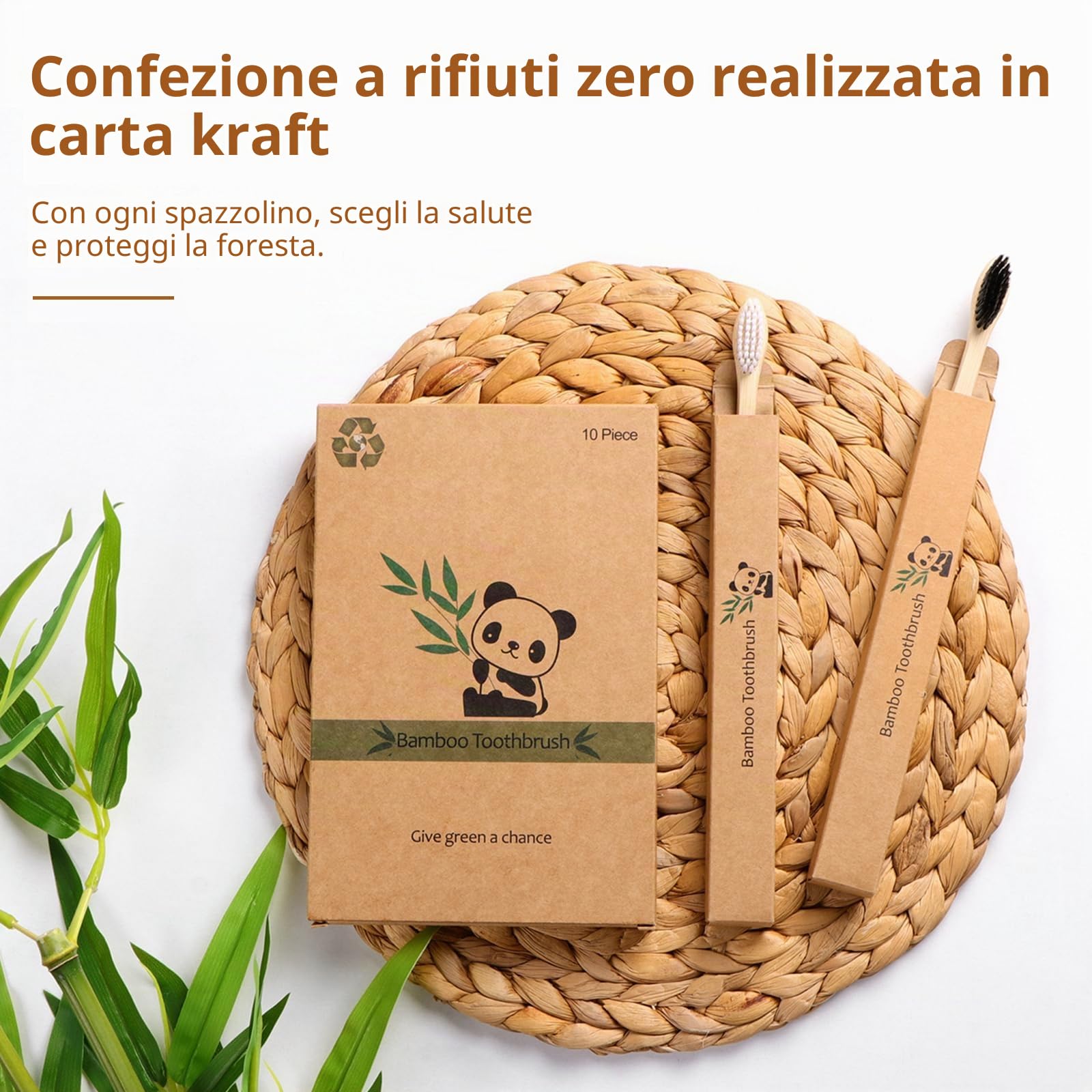 Spazzolino Bamboo, 100% Senza BPA Vegan Spazzolini Bamboo di Riutilizzabili e Biodegradabile, con Setole di Carbone Morbide e Disegno Individuale, Confezione Biodegradabile Sostenibile-10 Colori