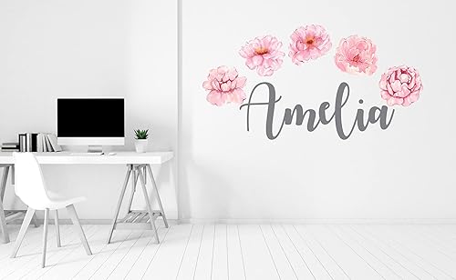 Miniatura 5 de Calcomanías de pared de flores con nombre personalizado, calcomanía mural de flores para dormitorio de niñas, decoración floral de acuarela