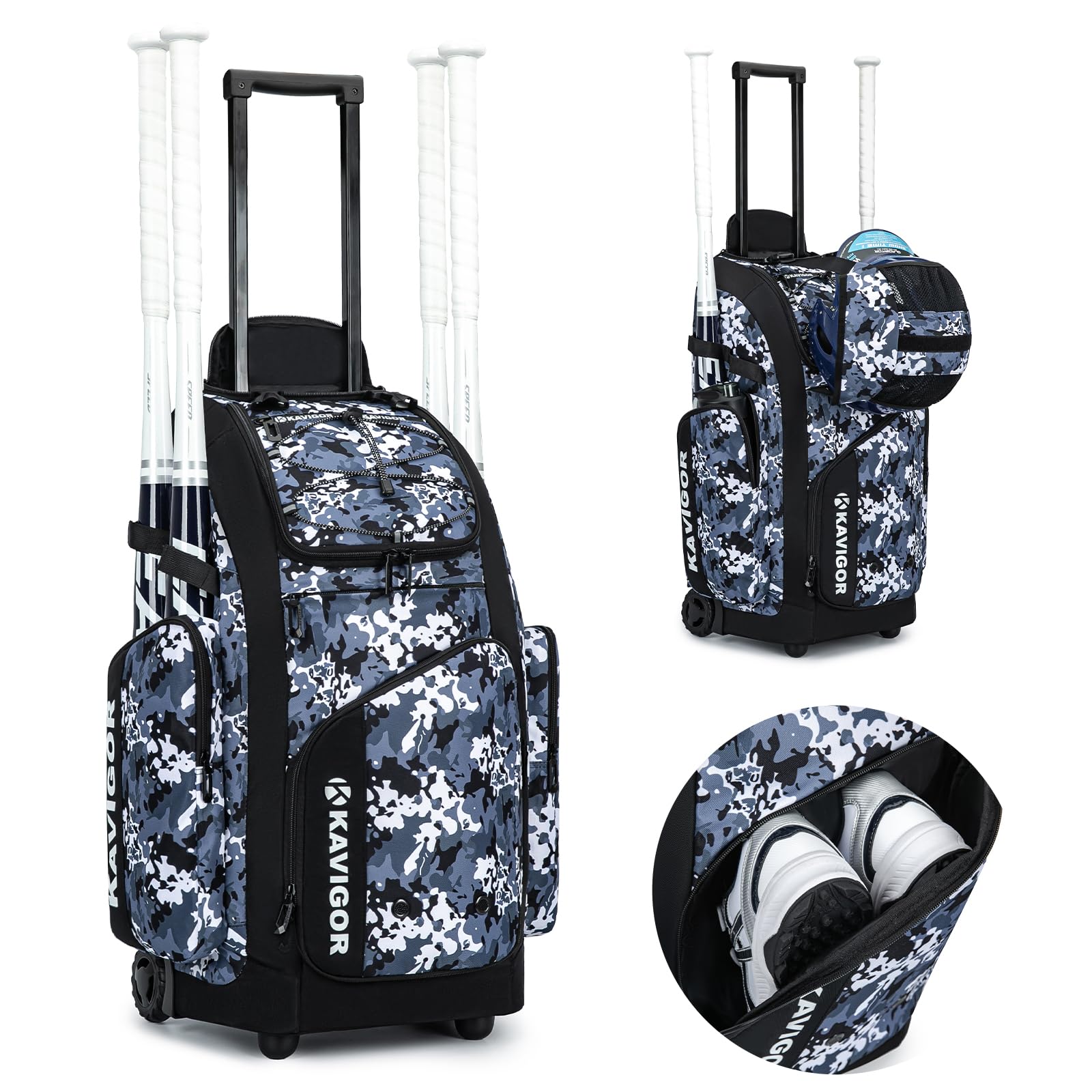 KAVIGOR Rolling Baseball Bag with Wheels, 60L Capacity Softball Bag Holds 4 Bats for Boys and Girls, Youth Equipment Bag with Shoe Compartment