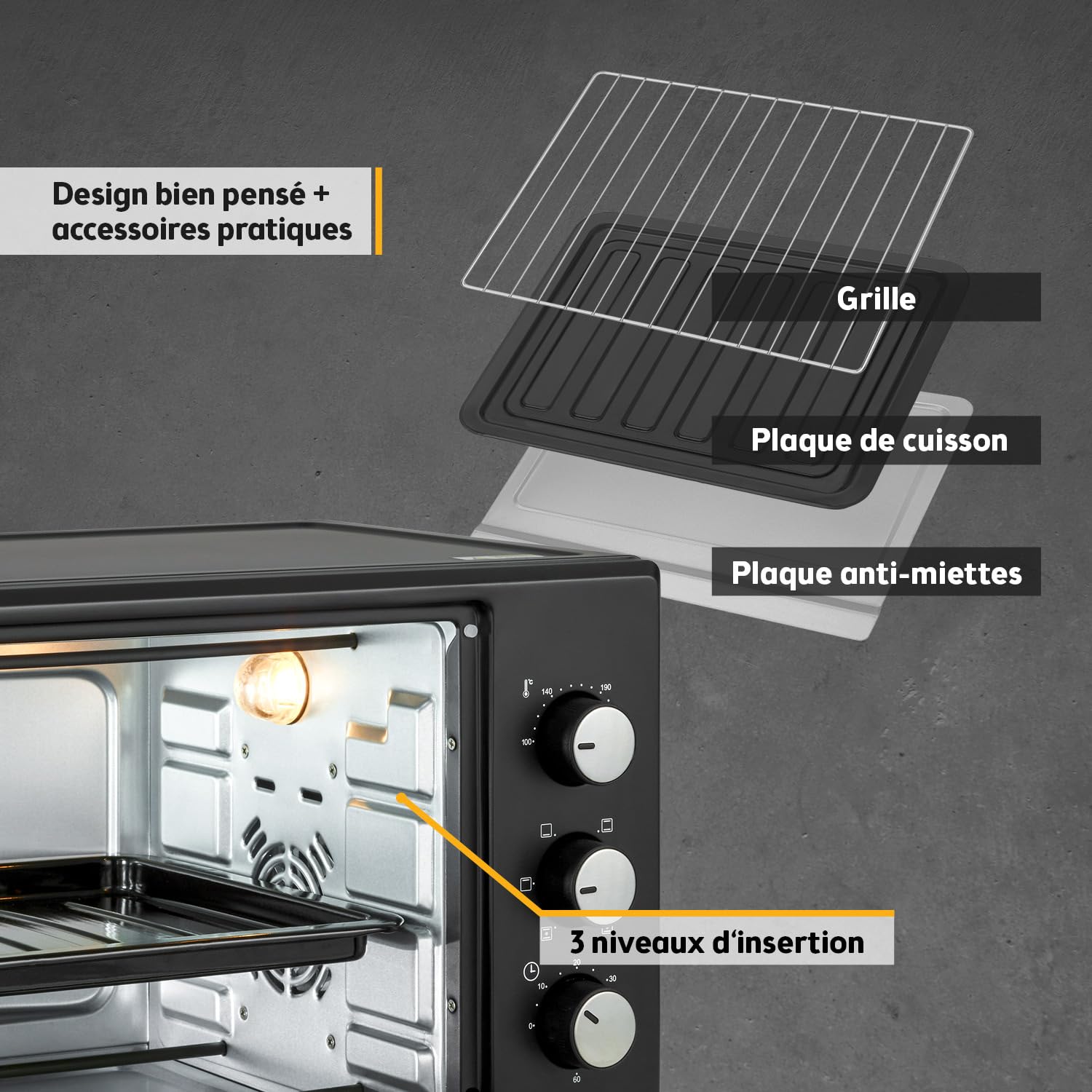 TZS First Austria - Mini-Four 30L 1600W - Four avec réglage de la température jusqu'à 230°C - Avec minuteur de 60 min, 3 hauteurs d'insertion, plaque et grille - Pour petites cuisines et camping