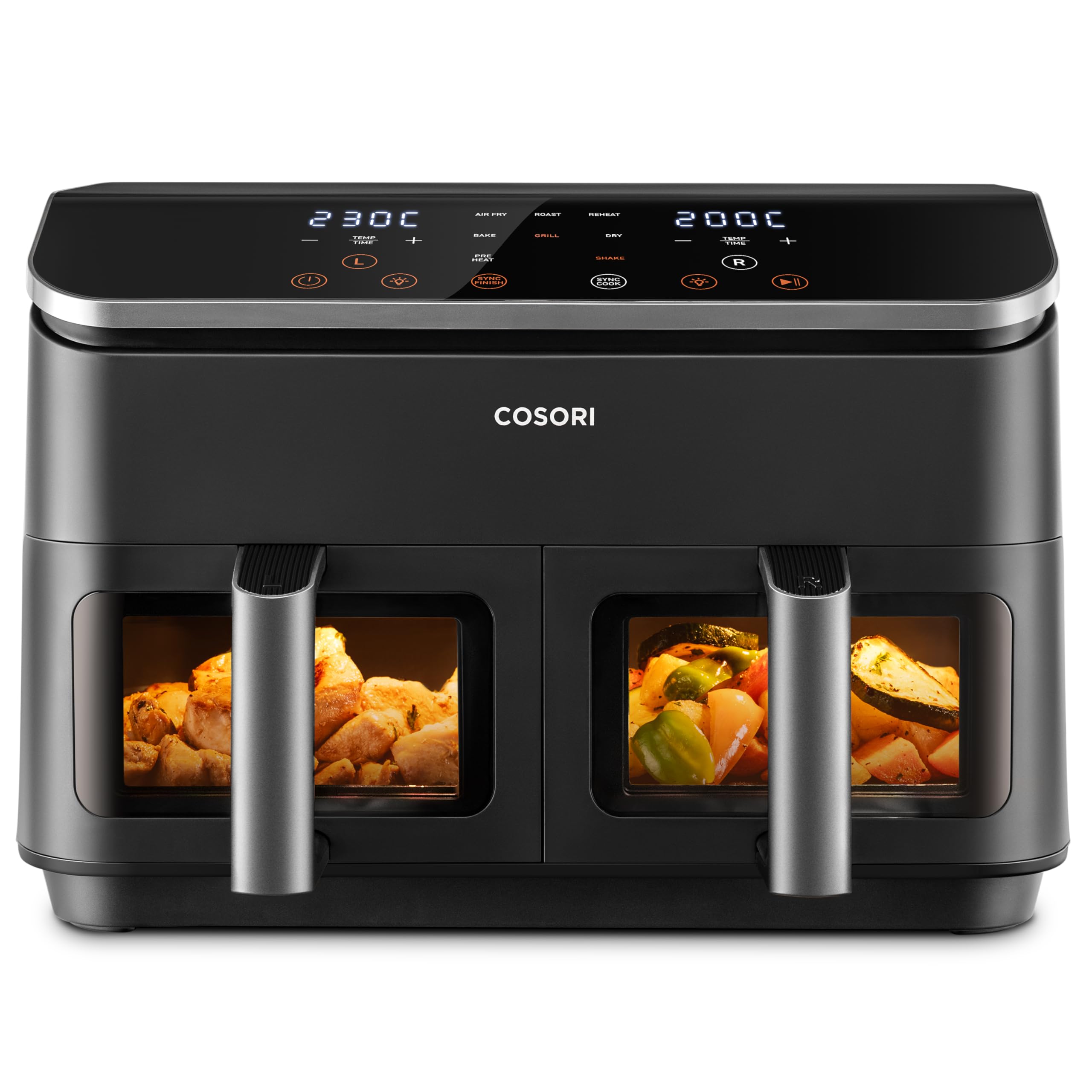COSORI Friggitrice ad Aria Doppio Cestello Digitale, 8,5L Grande Capacità, Funzione 8 in 1, 35-230°C, Finestra,con Ricette Online, CAF-R901, Nero Profondo