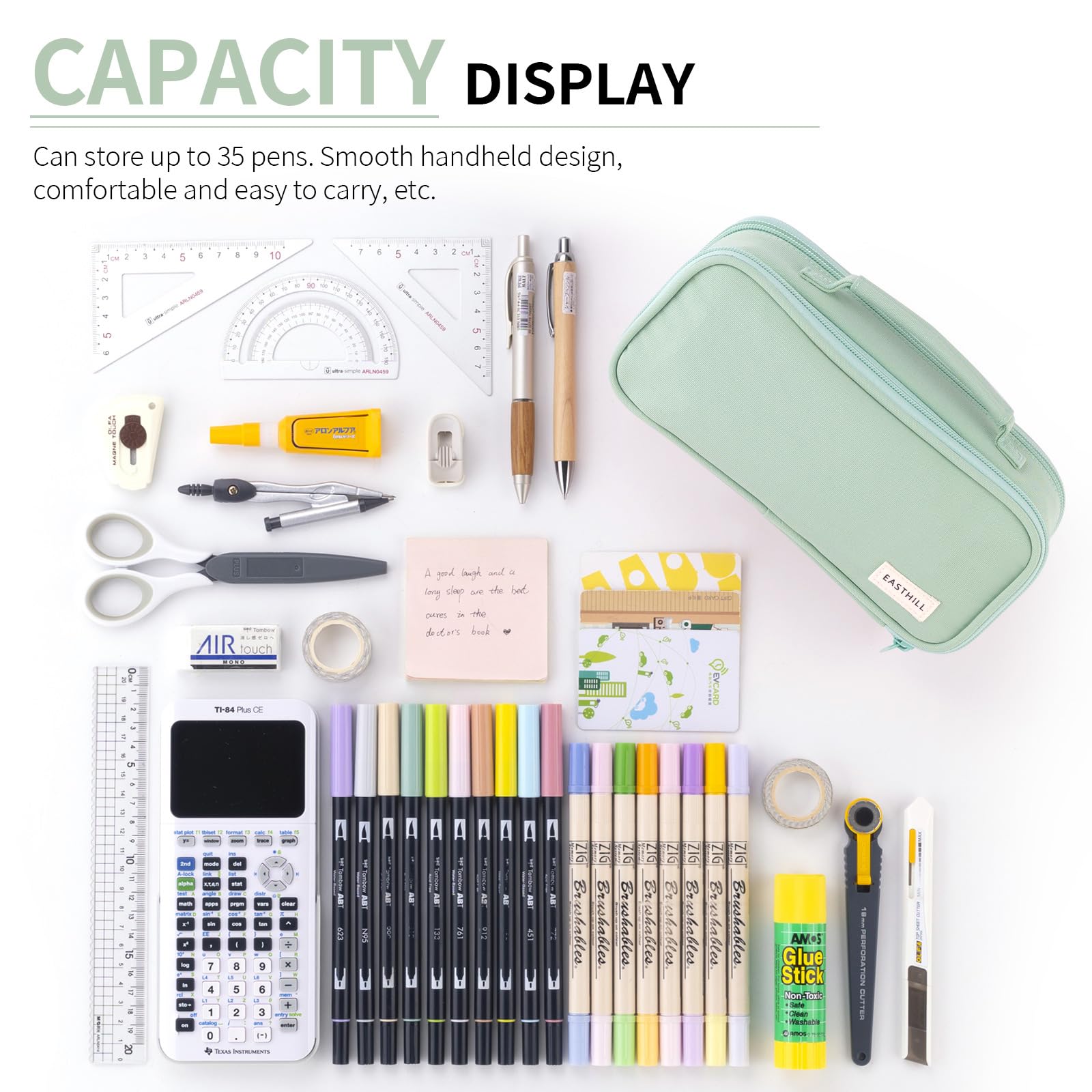 EASTHILL Large Capacity Pencil Case Pen Pouch Organizer Canvas Pencil Bag with Handle School Supplies (Green) - Image 4