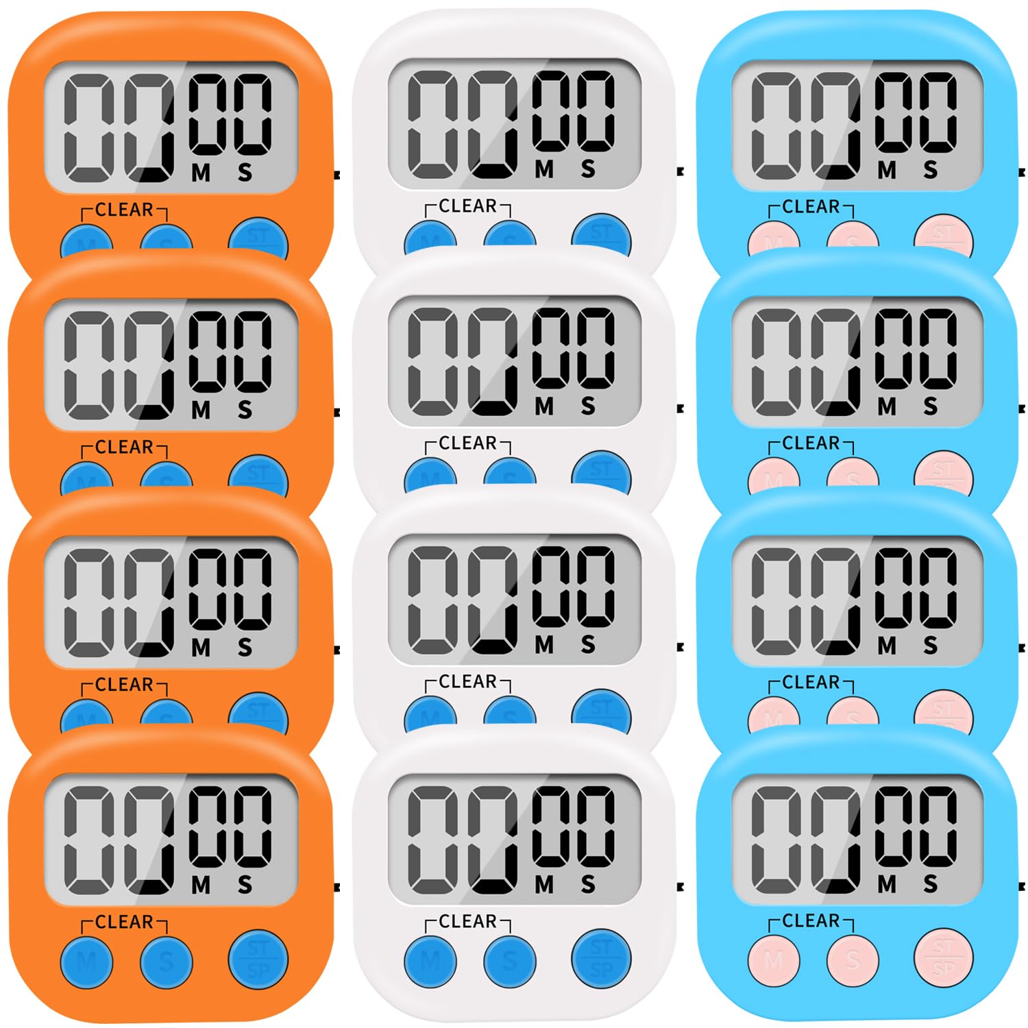 12 Pack Small Digital Kitchen Timer Magnetic Back and ON/Off Switch,Minute Second Count Up Countdown（White,Blue,Orange
