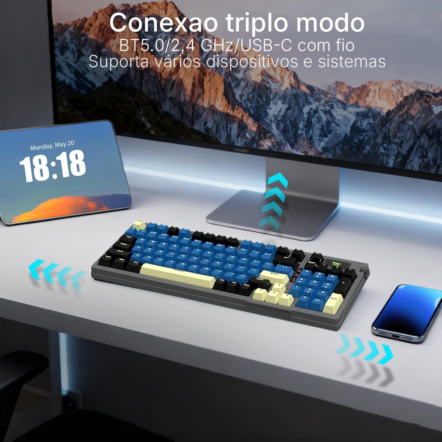 Hivento Teclado Mecânico, 2.4GHz/USB-C/BT5.0, Retroiluminação RGB,Layout ABNT2,Teclado Sem Fio Hot-Swappable com Botões, Bateria 4000mAh, Teclas PBT, Interruptores Vermelhos Hivento Teclado Mecânico, 2.4GHz/USB-C/BT5.0, Retroiluminação RGB,Layout ABNT2,Teclado Sem Fio Hot-Swappable com Botões, Bateria 4000mAh, Teclas PBT, Interruptores Vermelhos