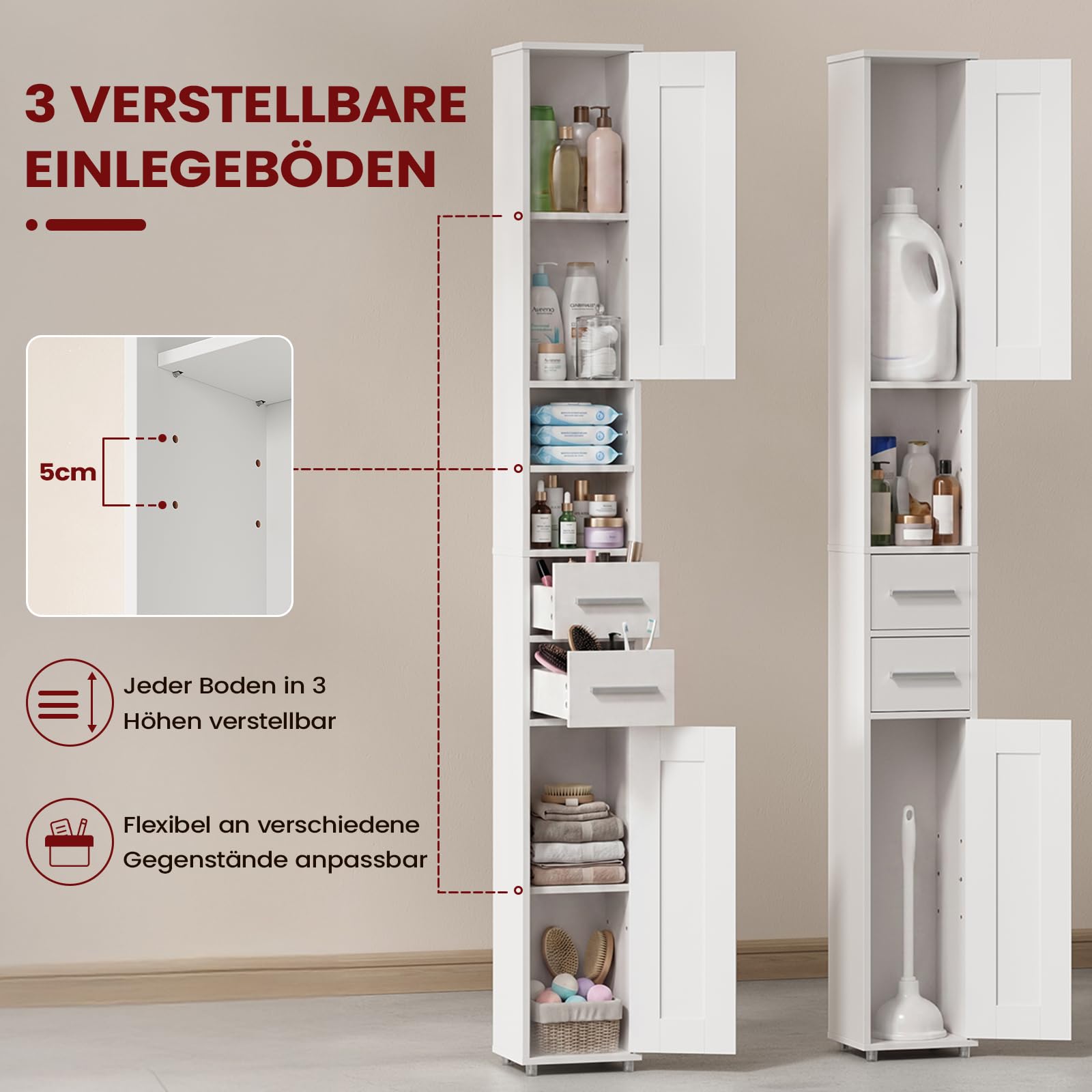 APICIZON Badezimmerschrank, Badschrank Hochschrank, Badezimmerschrank schmal, Badschrank mit verstellbaren Einlegeböden und Schublade, Nischenschrank für Waschbecken, WC, Waschmaschine, Weiss