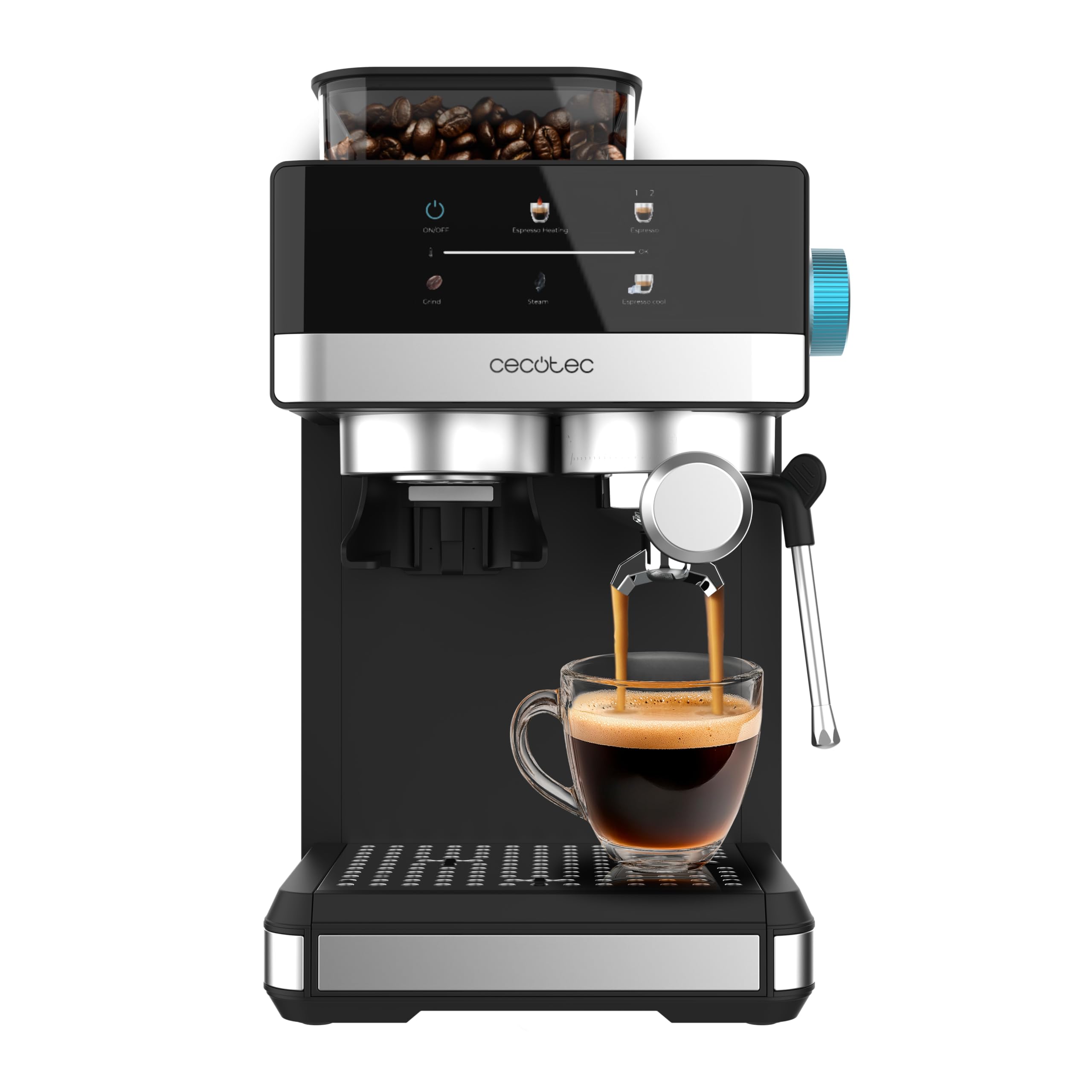 Cecotec Express Power Espresso Coffee Maker 20 Grind +. 1350W, 20 Bars, Touch Screen, Thermoblock, Water Tank 1.7L, 20 Grinding Levels, Coffee Tank 150 g, Milk Frother, Safety