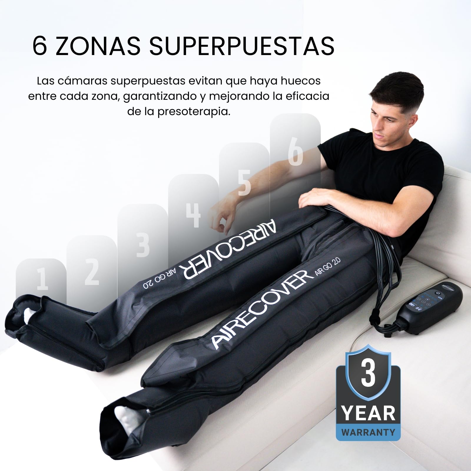 Pantalones de Presoterapia para Casa, Recargables Masajeador de Piernas Cansadas para Circulación y Drenaje Linfático, 6 Cámaras, 4 Modos, 30–250 mmHg, Batería 3H