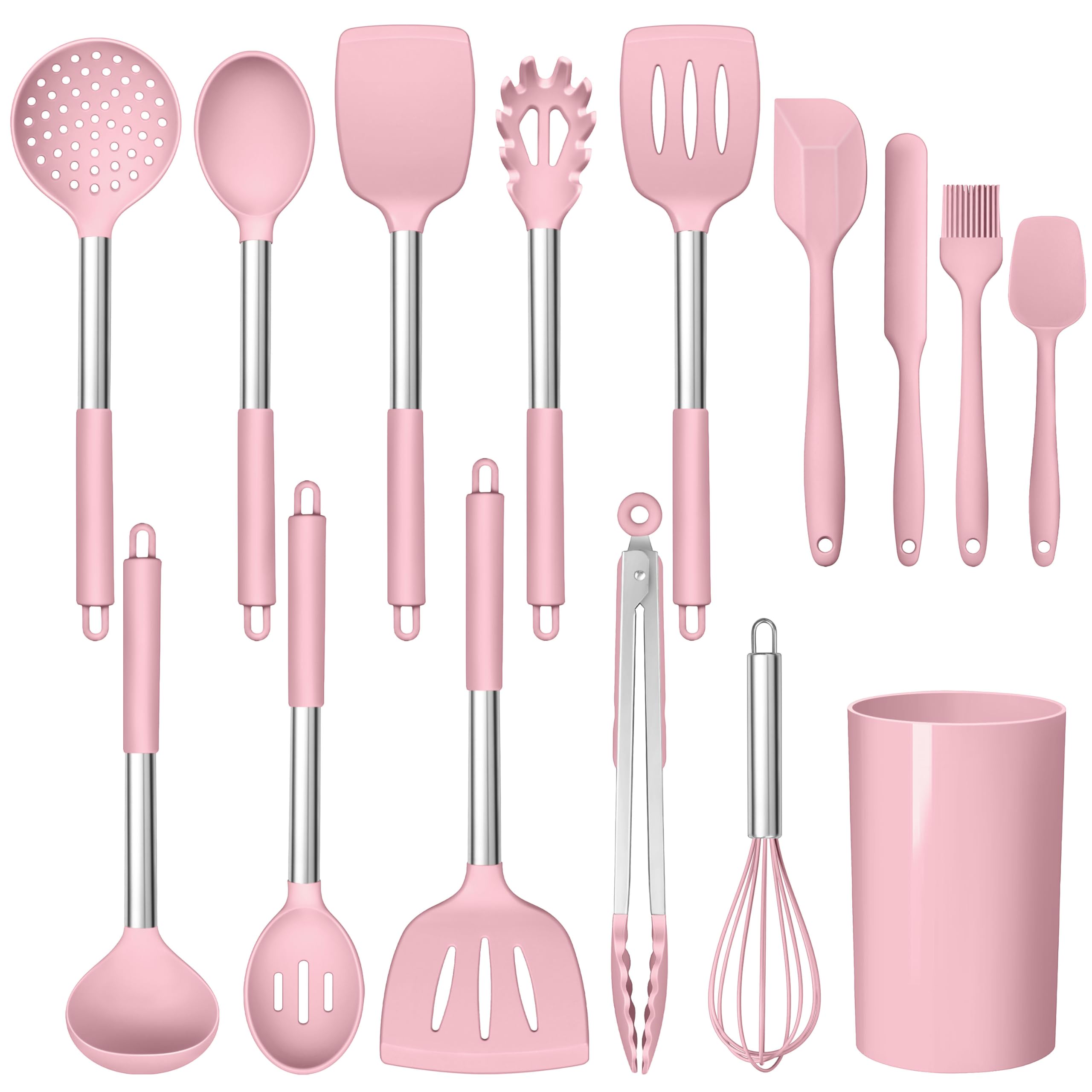 LIANYU 15-teiliges Kochutensilien-Set mit Edelstahlgriff, Silikon-Küchenhelfer mit Halter, hitzebeständiger Spatel, Löffel, Pfannenwender, Zange, Schneebesen, Bürstenwerkzeuge zum Kochen