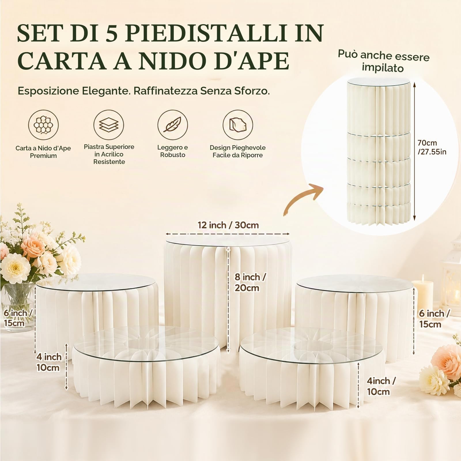 5 alzate pieghevoli per torte, alzate per buffet, espositore in cartone con piastre rotonde in acrilico, supporto per torte per matrimoni, compleanni, decorazioni per feste e buffet da