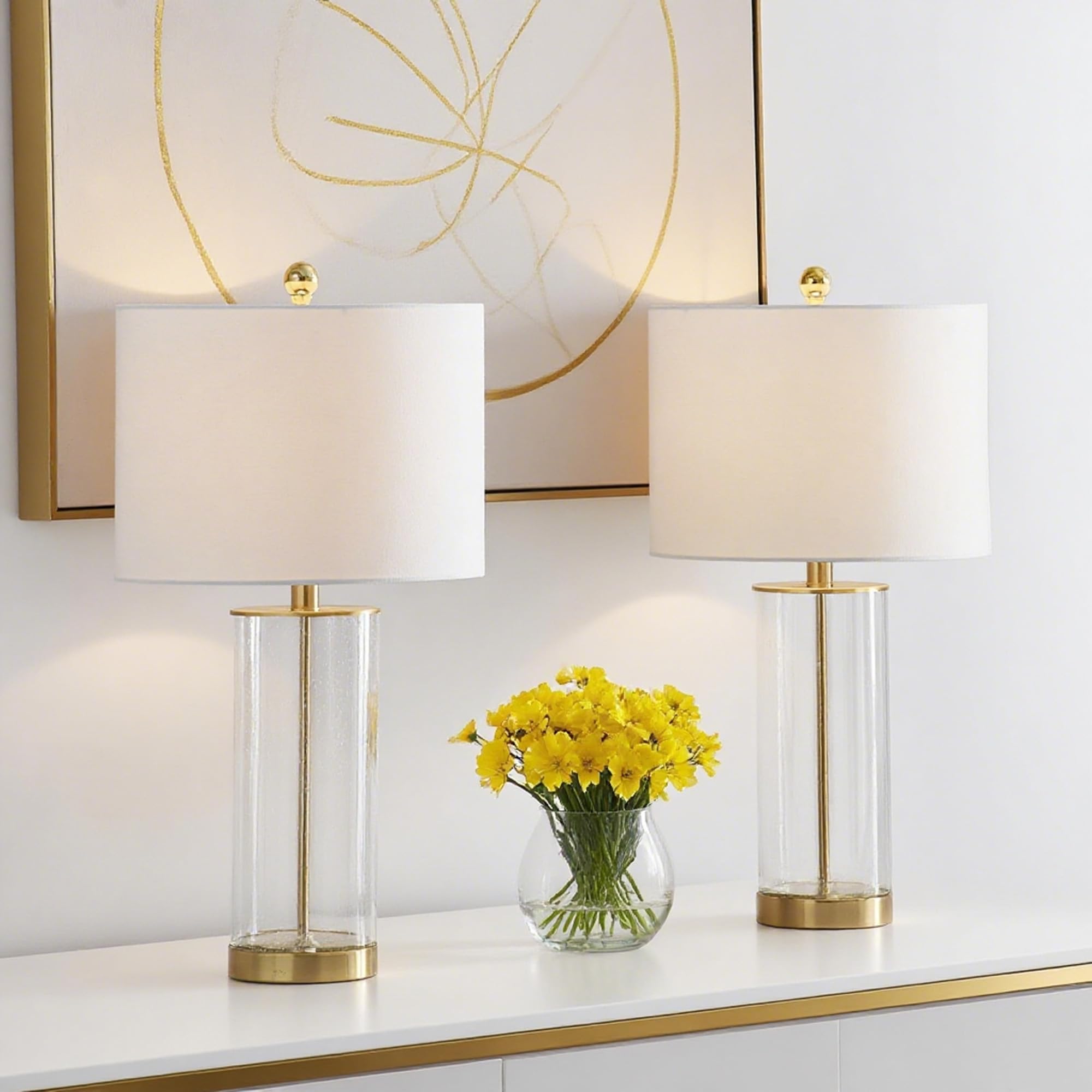 Modern Glass Table Lamps Set of 2, 3-Way Dimmable Bubble Glass Nightstand Lamp for Living Room, 23.25" Bedside Lamp with White Fabric Shade for Bedroom, Dining Room, Office (Gold)