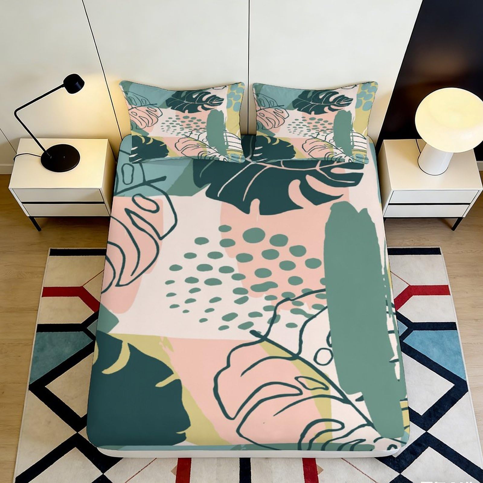 3D Printed Abstract Botanical Fitted Sheet Microfiber Soft Breathable Geometric Leaf Bed Cover for Bedroom Dorm Decor 90x200x25cm