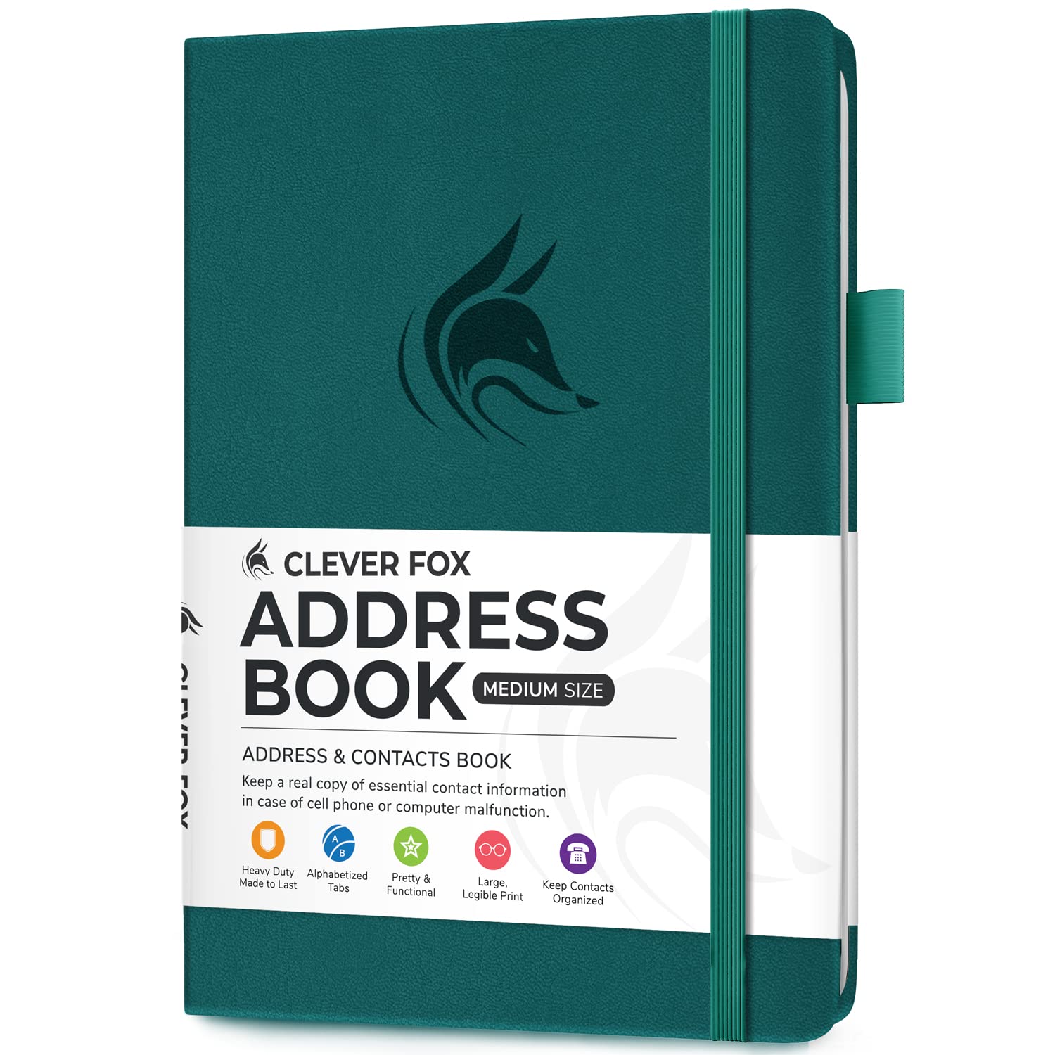 Clever Fox Address Book with alphabetic tabs - PU Leather Telephone and Address Book for Keeping Contacts Safe, Contact Organizer Journal, Medium Size (5.3″ x 7.7″) Hardcover, Dark Teal