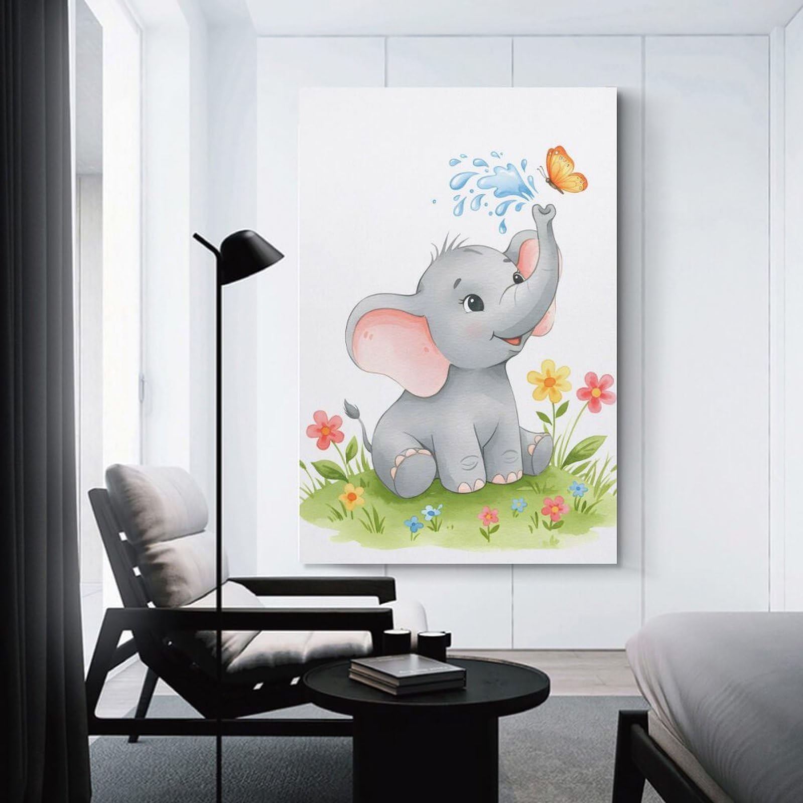 Junmoney Cute Elephant with Butterfly Room Decor Wall Art, 16x24inch(40x60cm), for Living Room, Lounge Or Sitting Room, A Home Accent with Warm Character
