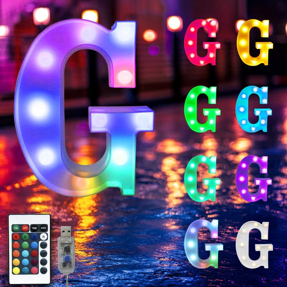 16 Color Changing Marquee Letter Light, Light Up Colorful 26 Alphabet Signs–Home Decor Name Signs –USB Powered LED Remote Timer –Lighted Vintage Accessories & Decorations-G